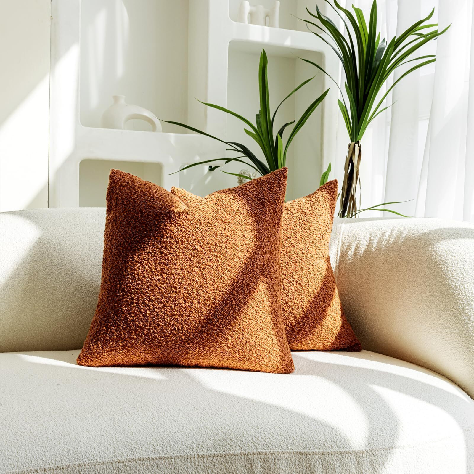 Sonaichte Decorative Throw Pillow Covers 18X18 Pillow Cover Set Of 2 Textured Boucle Pillow Covers Rust Pillows Neutral Organic Modern Home Decor Accent Throw Pillows For Couch
