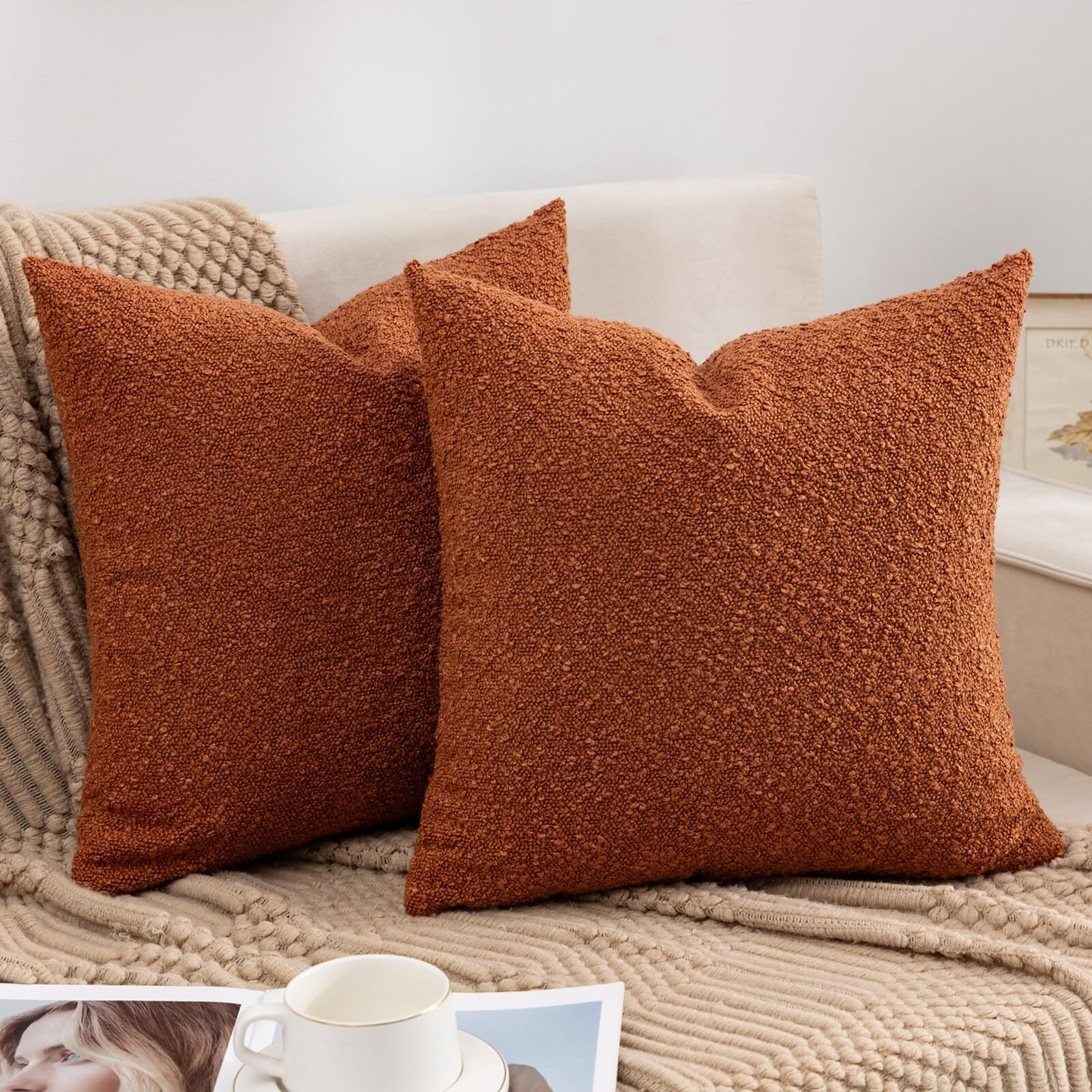 Sonaichte Decorative Throw Pillow Covers 18X18 Pillow Cover Set Of 2 Textured Boucle Pillow Covers Rust Pillows Neutral Organic Modern Home Decor Accent Throw Pillows For Couch