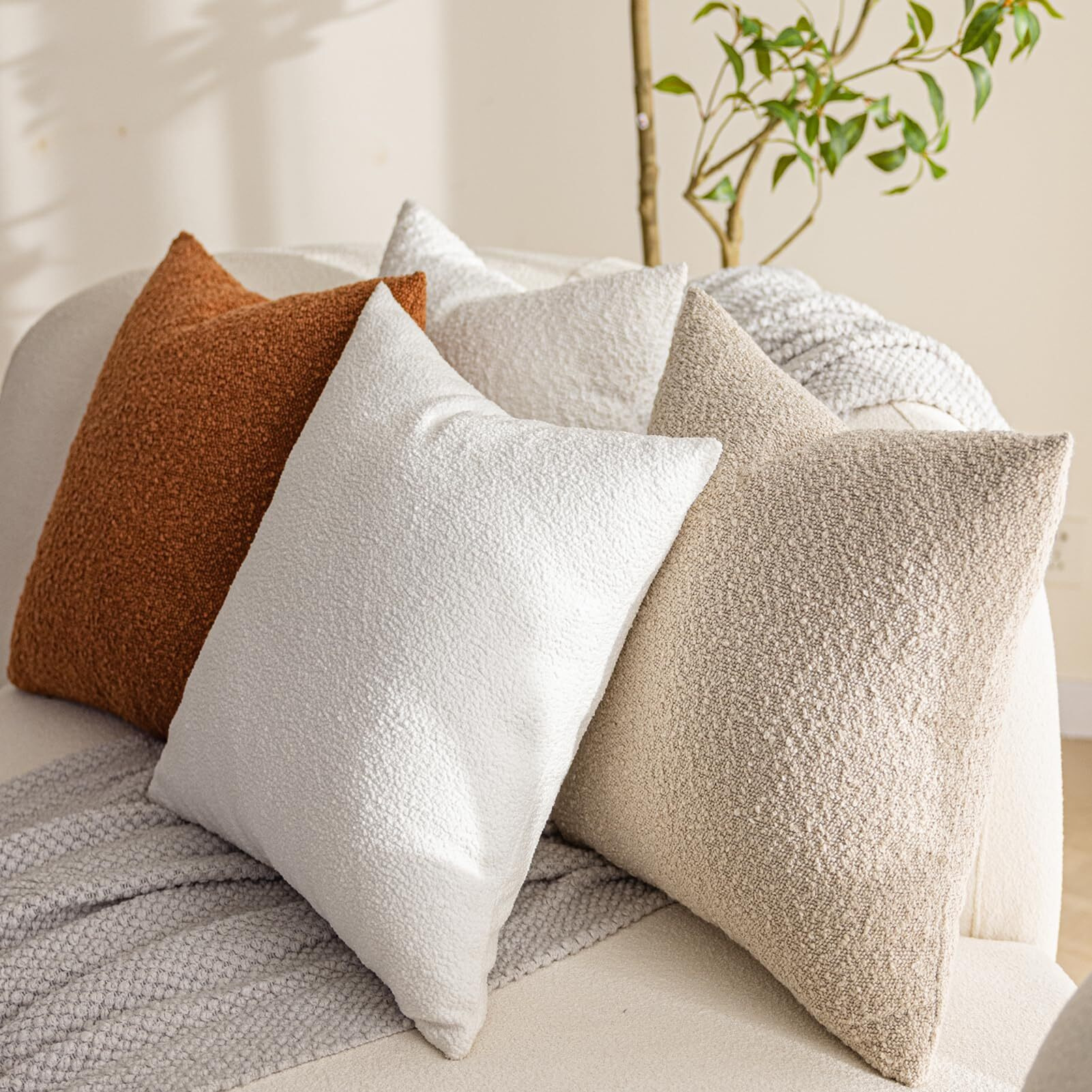 Sonaichte Decorative Throw Pillow Covers 18X18 Pillow Cover Set Of 2 Textured Boucle Pillow Covers Rust Pillows Neutral Organic Modern Home Decor Accent Throw Pillows For Couch