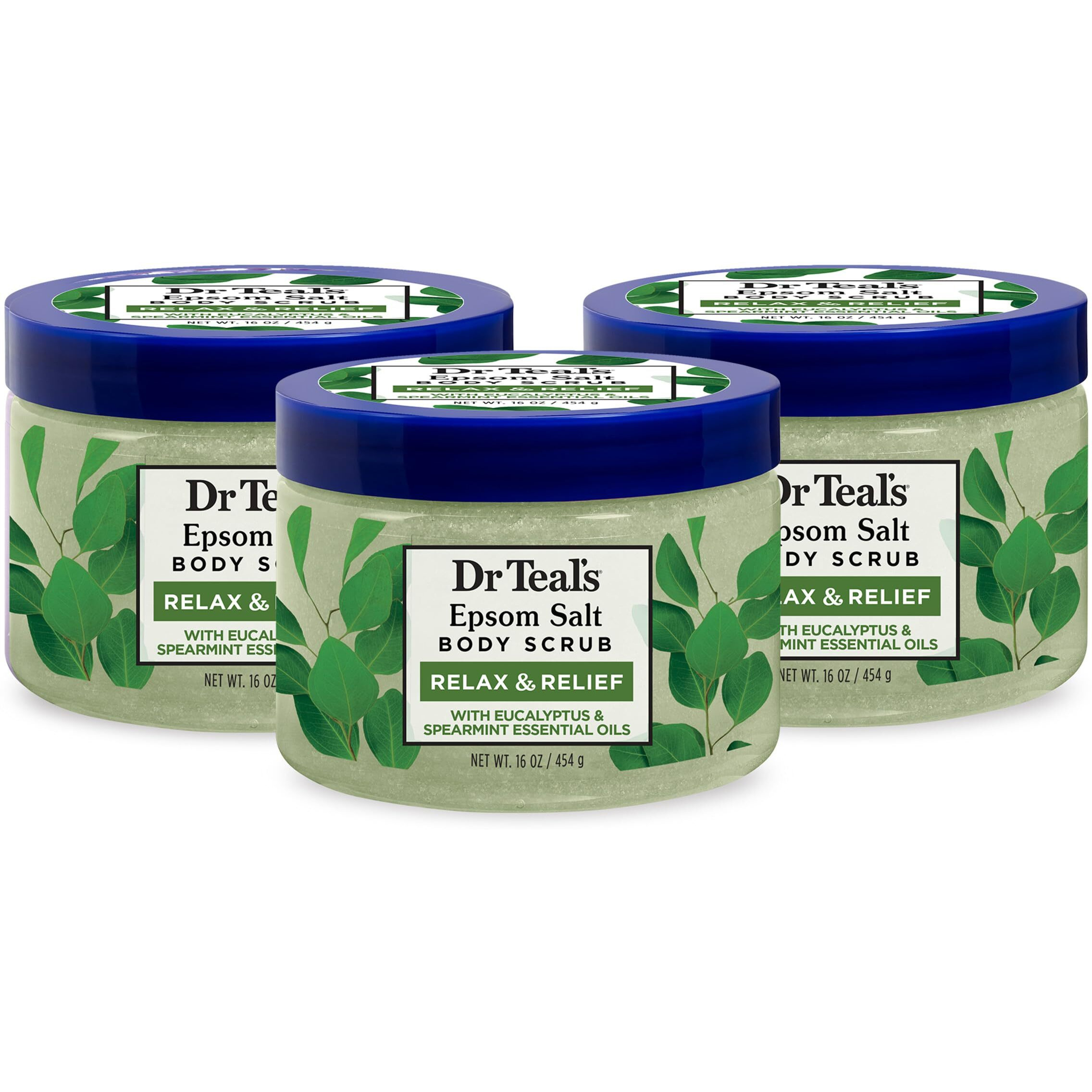 Dr Teal's Pure Epsom Salt Body Scrub  Relax & Relief With Eucalyptus & Spearmint Essential Oils  16 Oz (Pack Of 3) (Packaging May Vary)