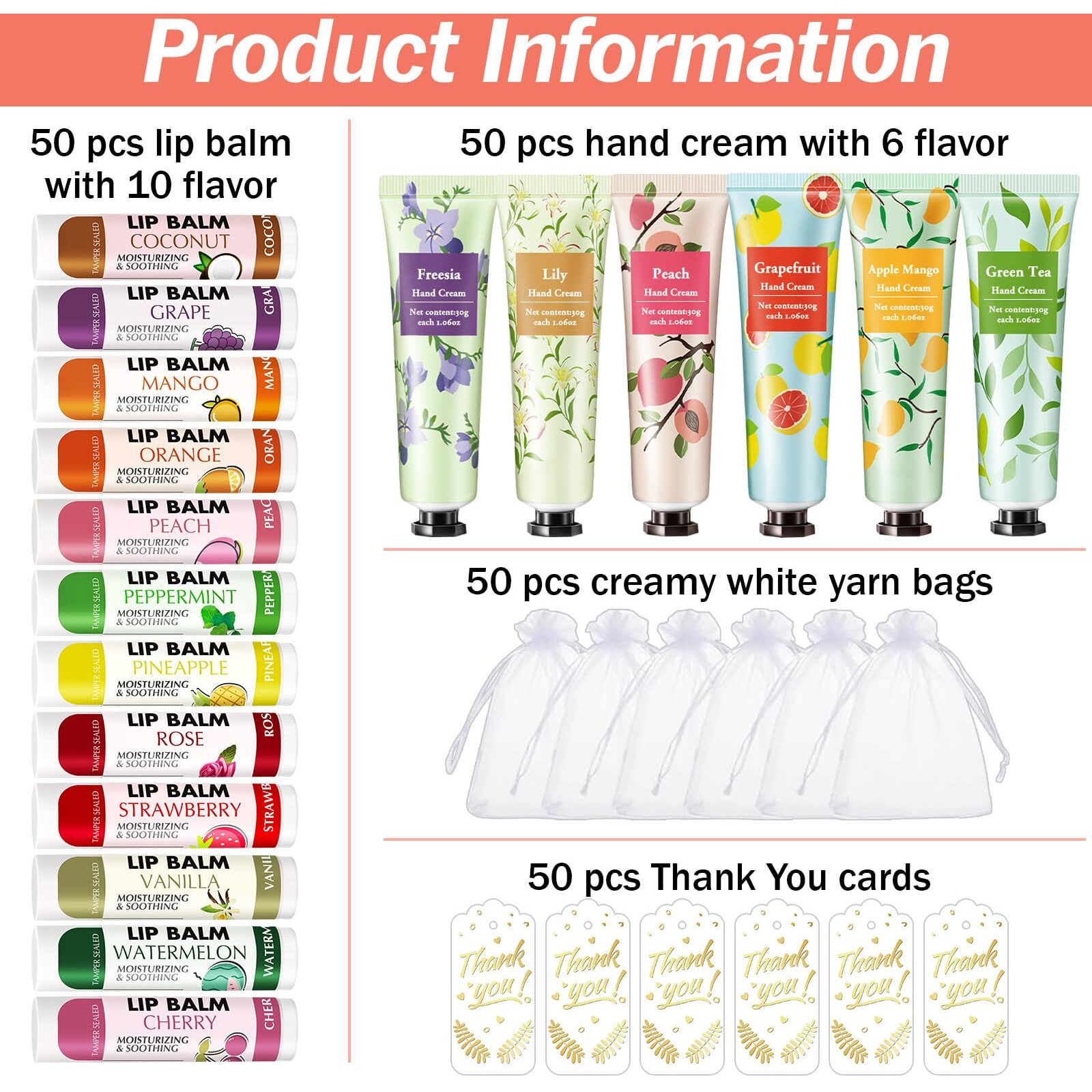 Azen 50 Sets Hand Cream And Lip Balm Set With Organza Bag Thank You Card  Baby Shower Wedding Gifts For Guests  Bridal Souvenirs For Colleagues Employee Coworkers  Party Favor For Female Friends