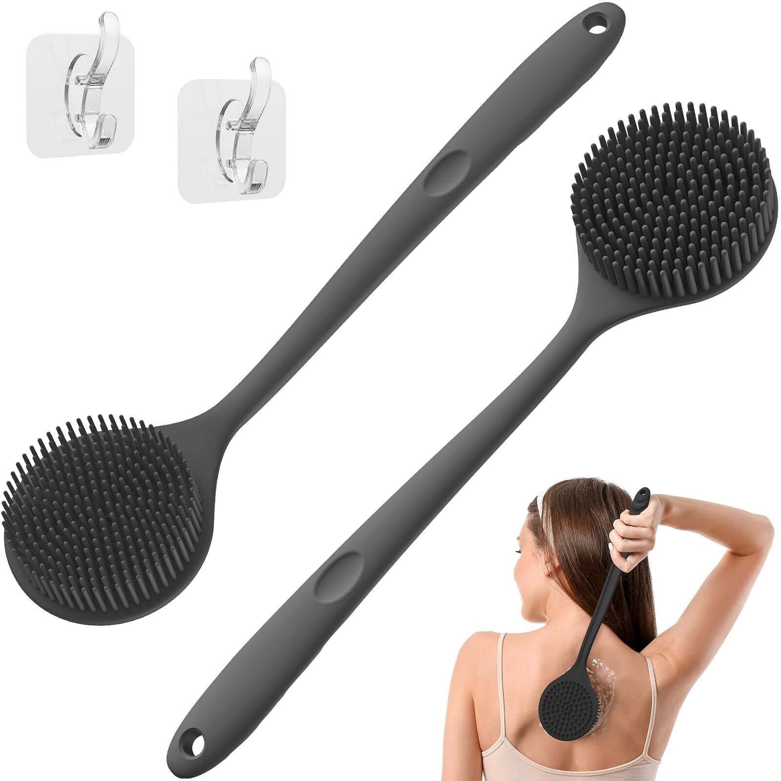 Manmihealth Silicone Back Scrubber For Shower 2 Pcs(Thick+Thin Bristles)  15'' Long Handle Body Scrubber  Light & Easy-To-Hold Shower Brush For Skin Exfoliating And Massaging With A Free Hook(Black*2)