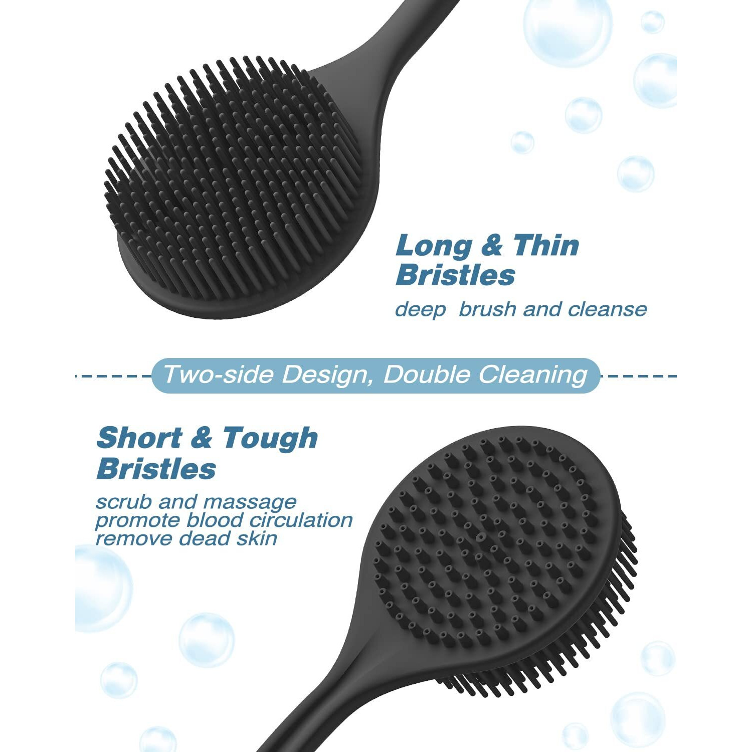 Manmihealth Silicone Back Scrubber For Shower 2 Pcs(Thick+Thin Bristles)  15'' Long Handle Body Scrubber  Light & Easy-To-Hold Shower Brush For Skin Exfoliating And Massaging With A Free Hook(Black*2)