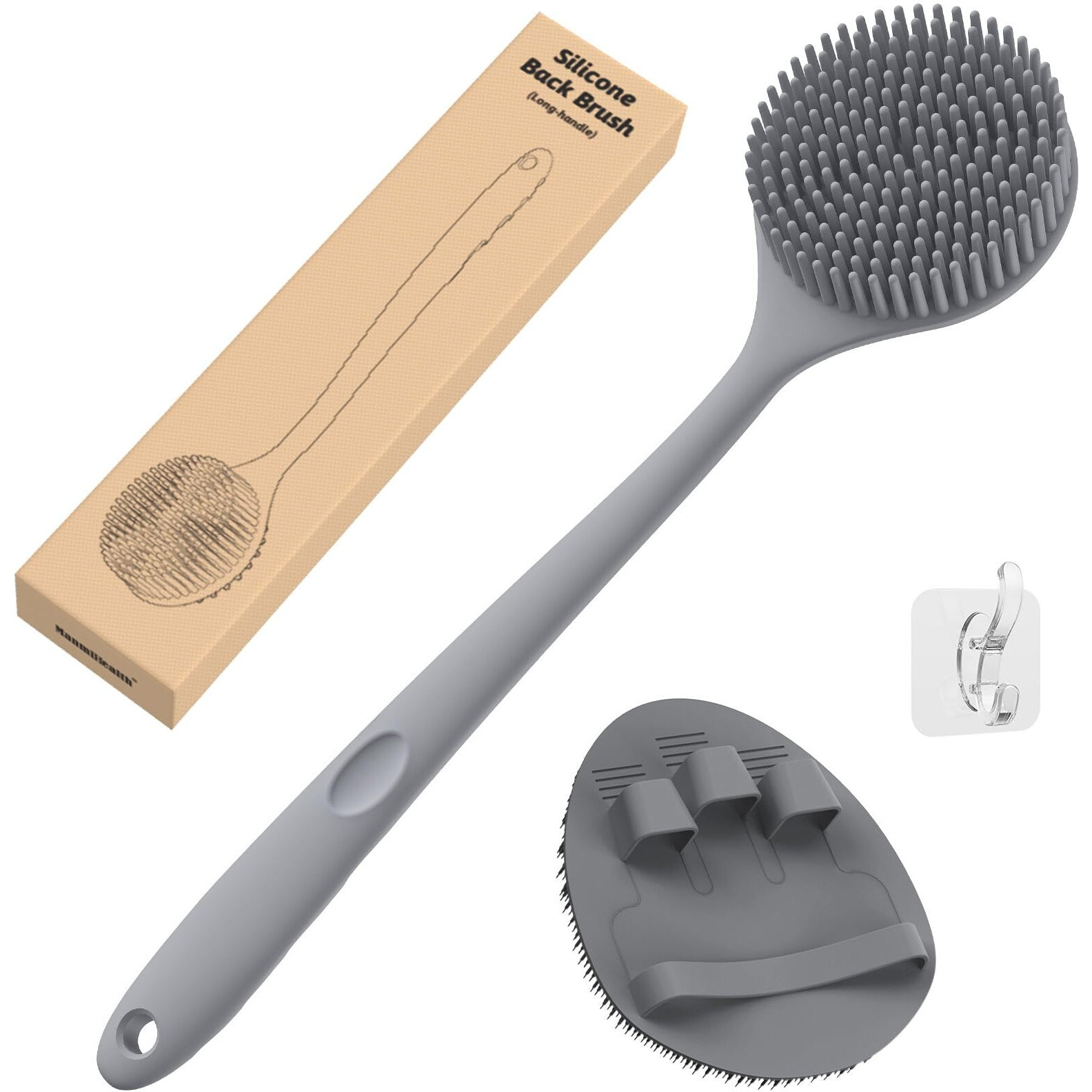 Manmihealth Silicone Back Scrubber(Thick Bristles) & Soft Bath Glove Set  Super-Exfoliating Body Scrubber & Super-Lathering Shower Brush Combination  With A Free Hook.(Gray)