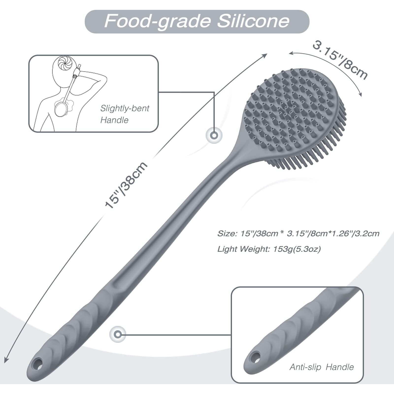 Manmihealth Silicone Back Scrubber(Thick Bristles) & Soft Bath Glove Set  Super-Exfoliating Body Scrubber & Super-Lathering Shower Brush Combination  With A Free Hook.(Gray)