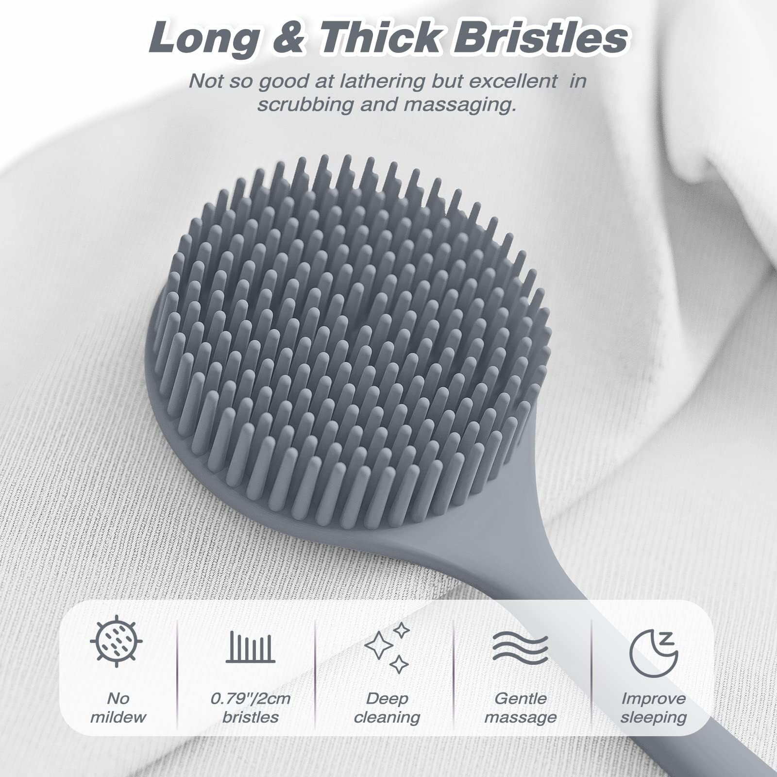 Manmihealth Silicone Back Scrubber(Thick Bristles) & Soft Bath Glove Set  Super-Exfoliating Body Scrubber & Super-Lathering Shower Brush Combination  With A Free Hook.(Gray)