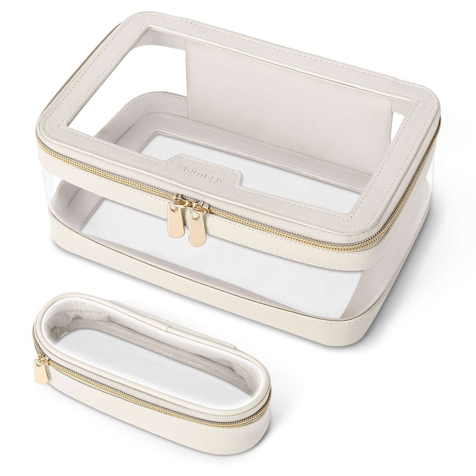 Soimeat Travel Clear Makeup Bag With Makeup Brush Bag  Leather Makeup Case Toiletry Bag  Portable Cosmetic Bag Case  Transparent Waterproof Cosmetic Organizer Storage Bag For Women  Off-White