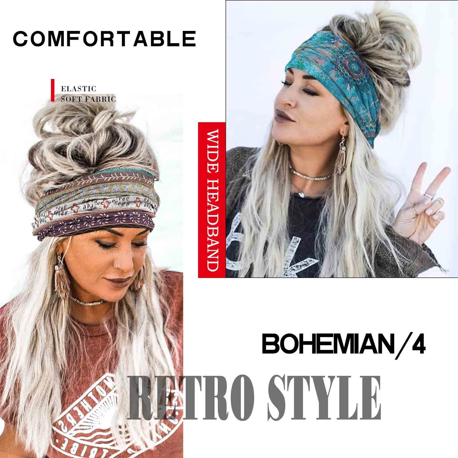 Olbye Boho Headbands Women Wide Head Bands Turban Elastic Nonslip Hairbands Workout Yoga Hair Scarfs Running Sweatband African Bohemian Head Wraps Fashion Hair Accessories For Women Girls (E- Stylish)