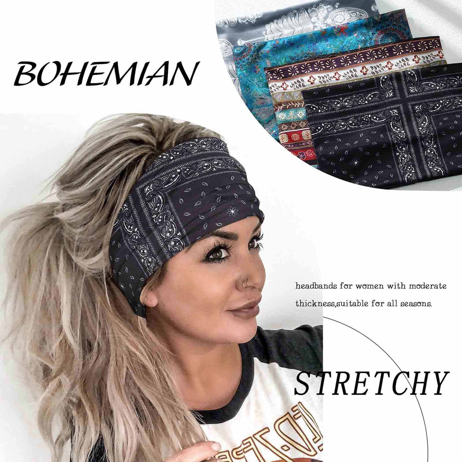 Olbye Boho Headbands Women Wide Head Bands Turban Elastic Nonslip Hairbands Workout Yoga Hair Scarfs Running Sweatband African Bohemian Head Wraps Fashion Hair Accessories For Women Girls (E- Stylish)