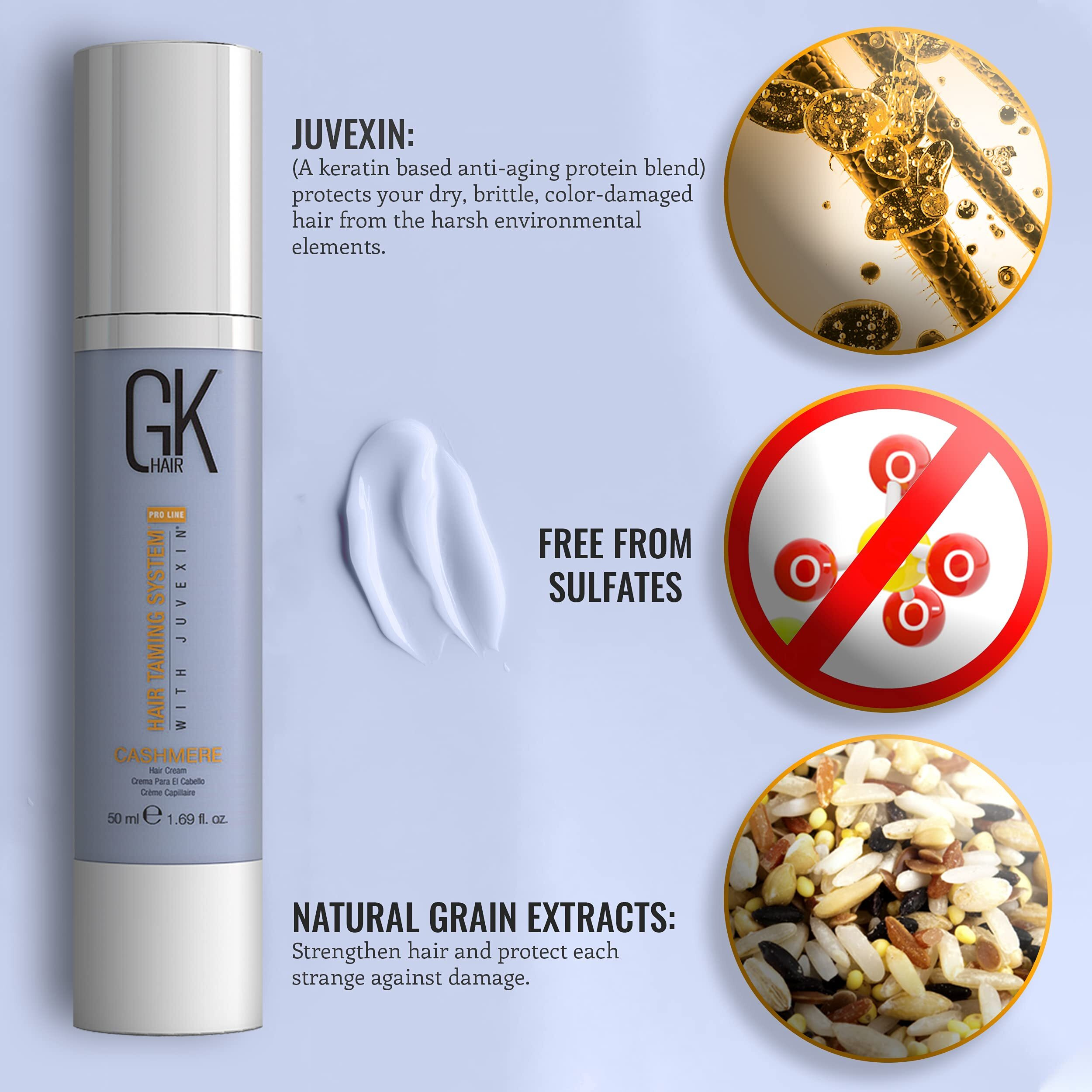 Gk Hair Global Keratin Leave In Cashmere Hair Smoothing And Styling Cream (1.69 Fl Oz/50Ml) Argan Oil For Anti-Frizz Sleek Shine And Hydrates Dry Damaged And Unmanageable Hair Repair