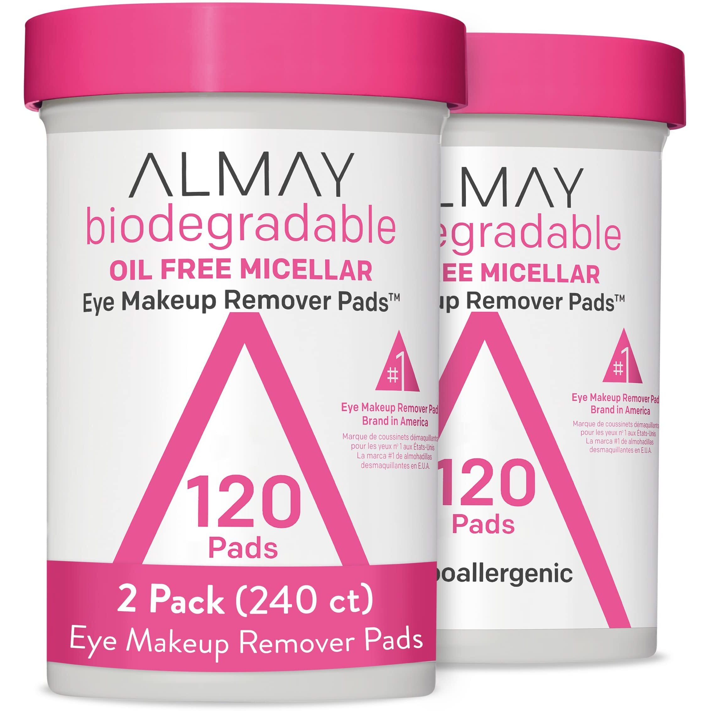 Almay Biodegradable Makeup Remover Pads  Micellar Gentle  Hypoallergenic  Fragrance-Free  Dermatologist & Ophthalmologist Tested  120 Count (Pack Of 2)