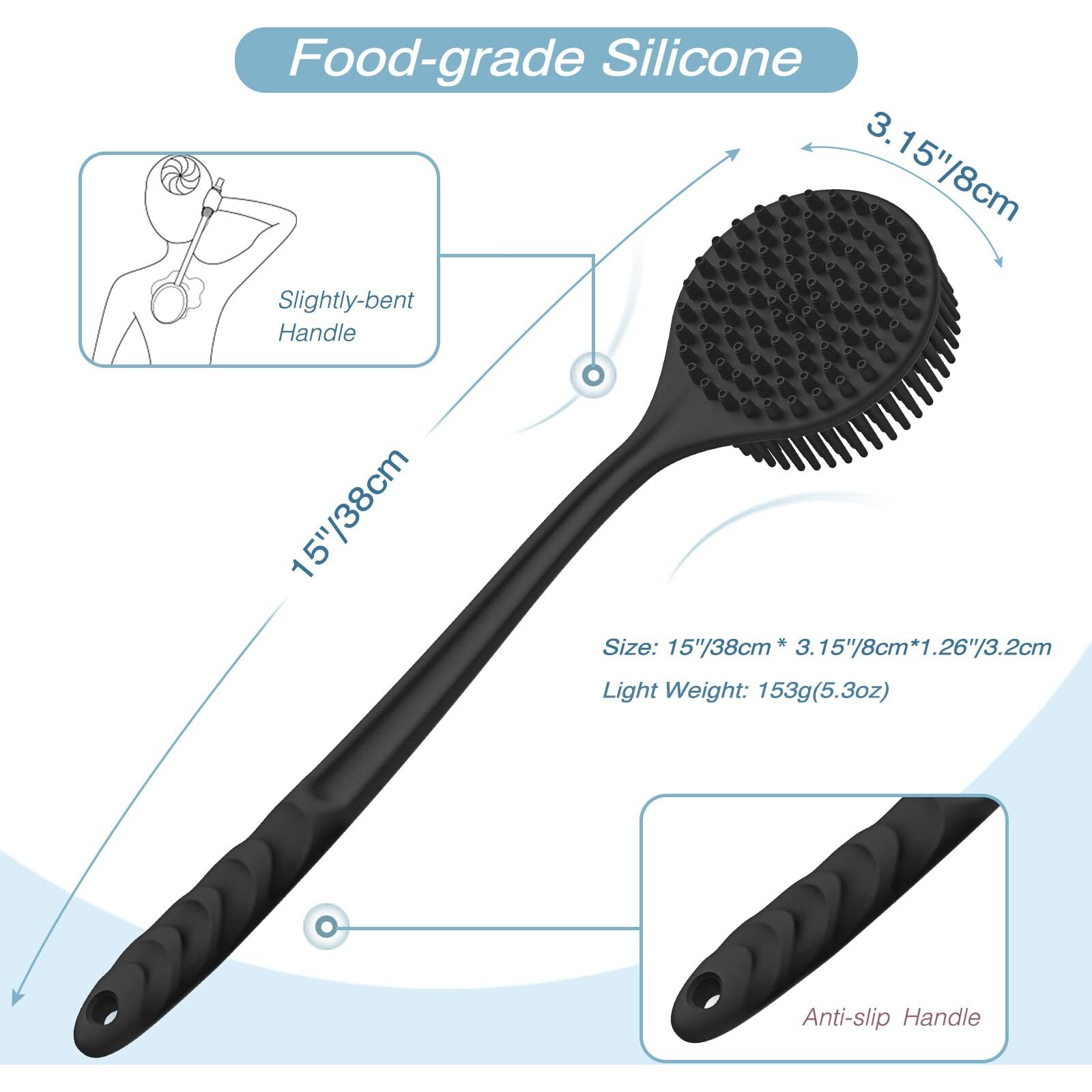 Manmihealth Silicone Back Scrubber For Shower(Thick Bristles)  Body Scrubber With 15'' Long Handle  Light & Easy-To-Hold Shower Brush For Skin Exfoliating And Massaging  Not Good In Lathering.(Black)