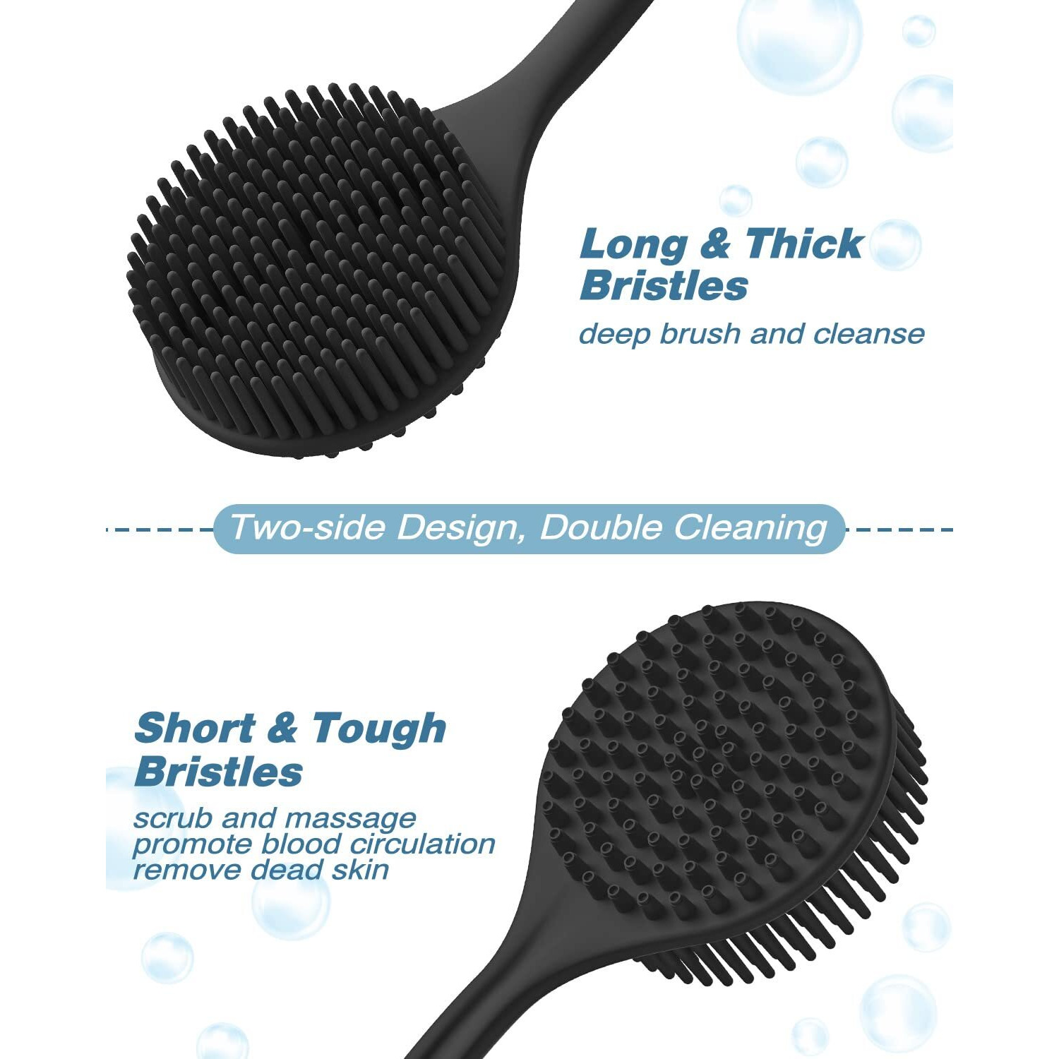 Manmihealth Silicone Back Scrubber For Shower(Thick Bristles)  Body Scrubber With 15'' Long Handle  Light & Easy-To-Hold Shower Brush For Skin Exfoliating And Massaging  Not Good In Lathering.(Black)