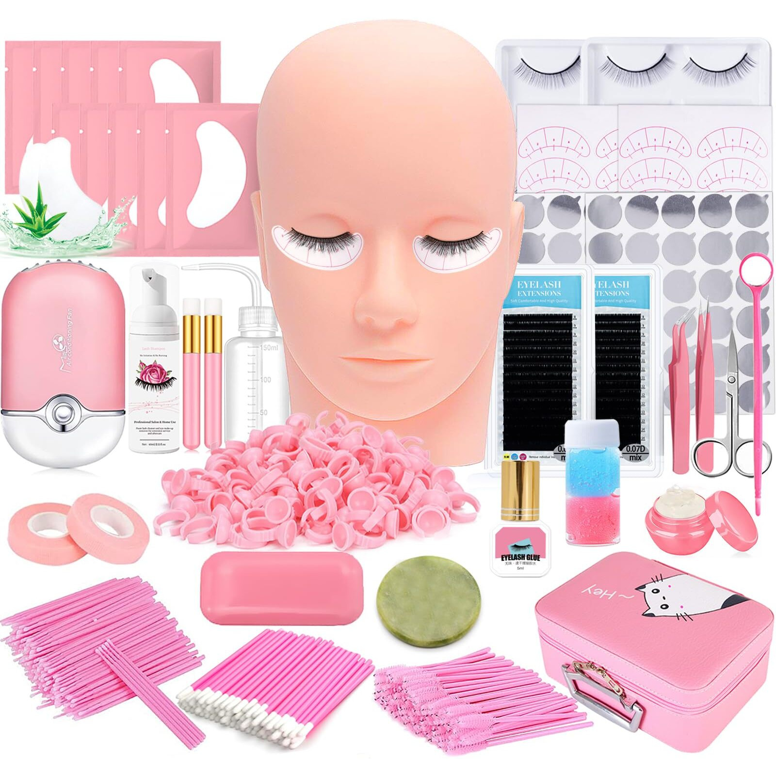 Lash Extension Kit Professional Eyelash Grafting Training Tools Mannequin Head Usb Fan Lash Shampoo 0.07D Curl Mix 8-15Mm Glue Practice Eyelash Strips Lash Mapping Exercise Set For Beginner