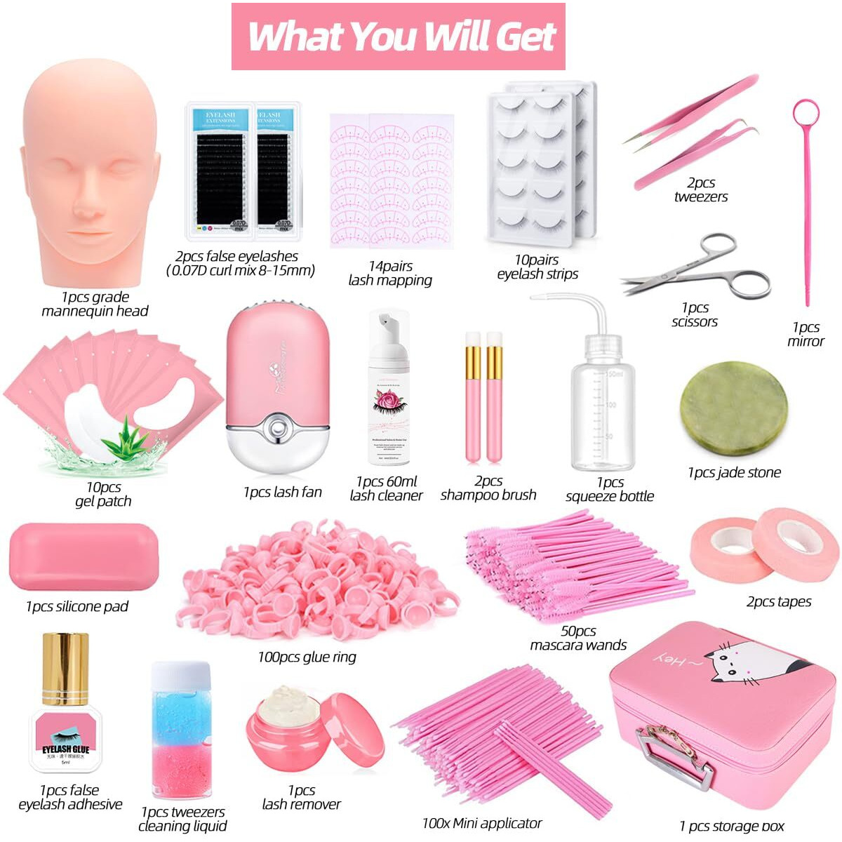 Lash Extension Kit Professional Eyelash Grafting Training Tools Mannequin Head Usb Fan Lash Shampoo 0.07D Curl Mix 8-15Mm Glue Practice Eyelash Strips Lash Mapping Exercise Set For Beginner