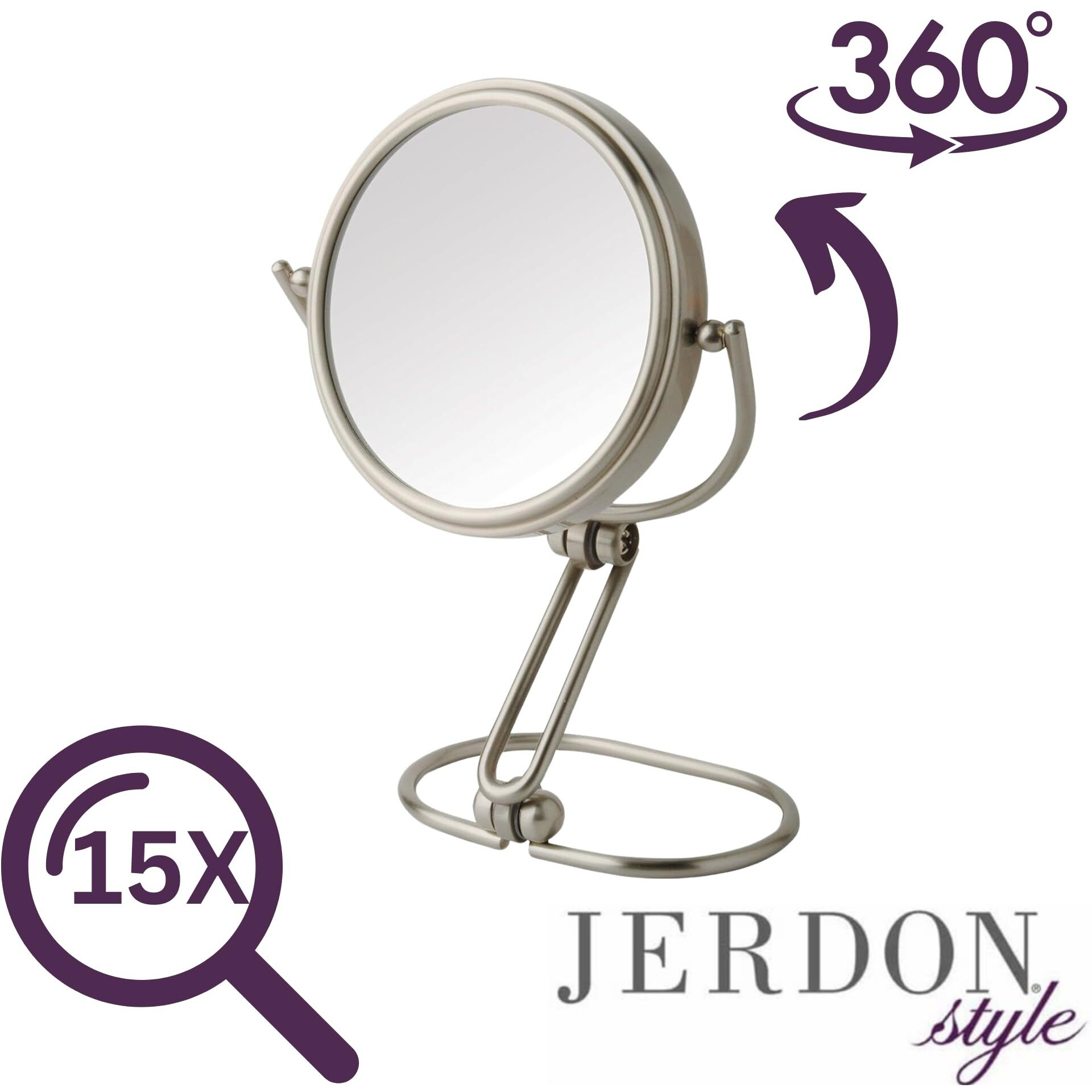 Jerdon Two-Sided Folding Travel Makeup Mirror - Portable 3-Inch Diameter Makeup Mirror With 15X Magnification & Swivel Design - Model Mc315C