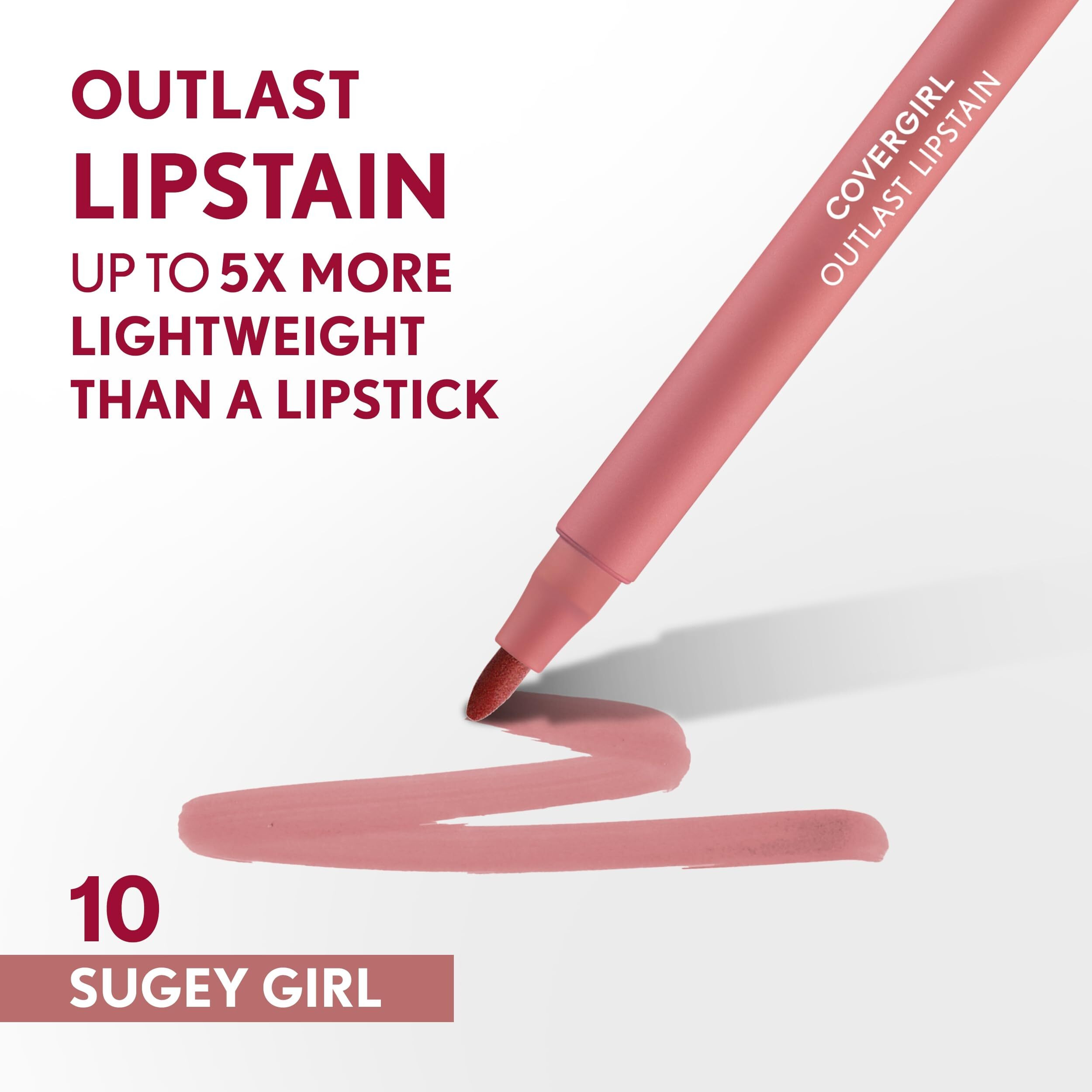 Covergirl Outlast  10 Sugey Girl  Lipstain  Smooth Application  Precise Pen-Like Tip  Transfer-Proof  Satin Stained Finish  Vegan Formula  0.06Oz