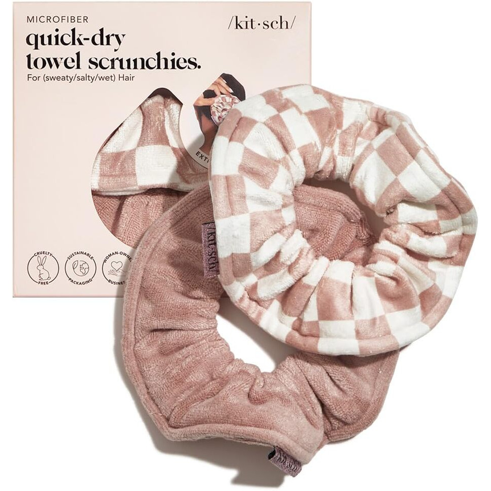 Kitsch Towel Scrunchie - Ultra Soft Microfiber Hair Ties For Women | Towel Scrunchies For Wet Hair | Large Scrunchies For Women's Hair | Wrist Towels For Washing Face  2 Pc (Terracotta Checker)