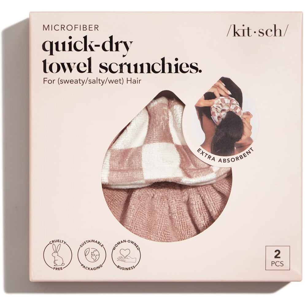 Kitsch Towel Scrunchie - Ultra Soft Microfiber Hair Ties For Women | Towel Scrunchies For Wet Hair | Large Scrunchies For Women's Hair | Wrist Towels For Washing Face  2 Pc (Terracotta Checker)