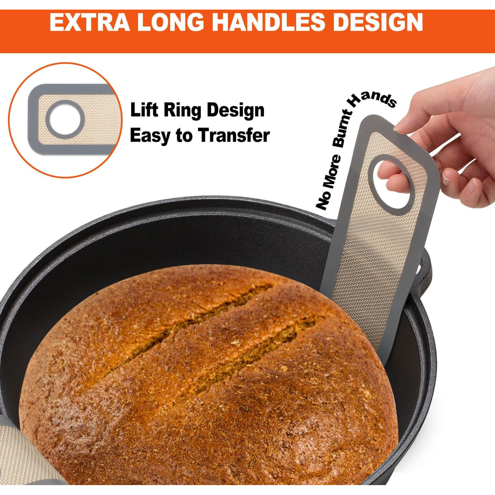 Large Silicone Bread Sling Dutch Oven - 9.5 Inch Non-Stick & Easy Clean Reusable Silicone Bread Baking Mat. With Extra Long Handles Bread Baking Sheet Liner  2 Grey Set For Transferable Dough