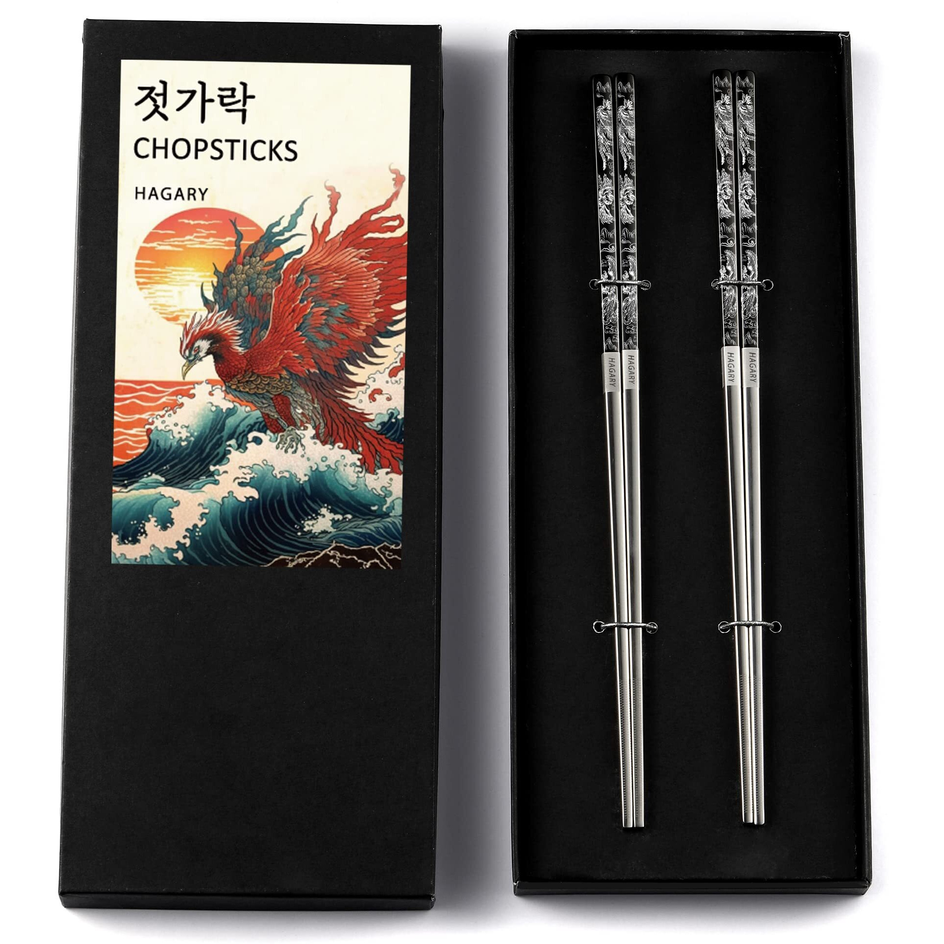 Phoenix Chopsticks Metal Reusable Designed In Korea Japanese Style Stainless Steel 316 18/10 Non-Slip Dishwasher Safe Laser Etched (Black - 2 Pairs)