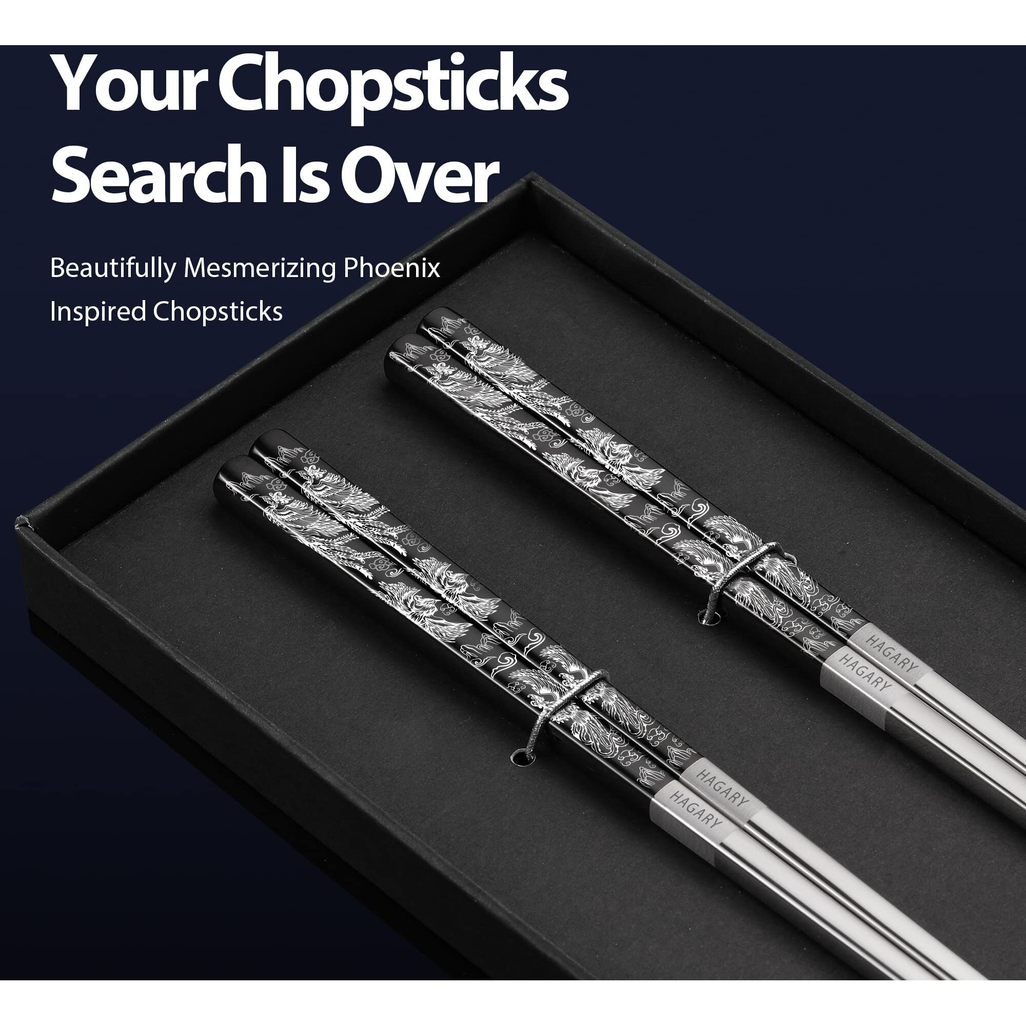 Phoenix Chopsticks Metal Reusable Designed In Korea Japanese Style Stainless Steel 316 18/10 Non-Slip Dishwasher Safe Laser Etched (Black - 2 Pairs)
