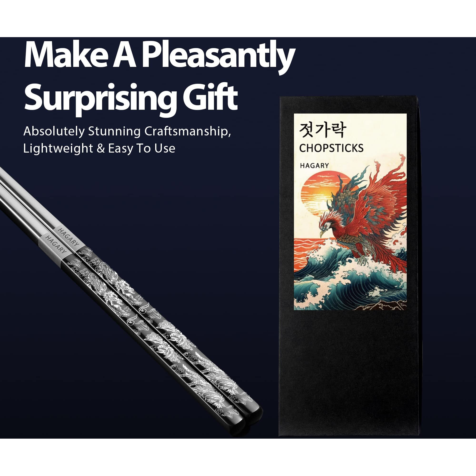 Phoenix Chopsticks Metal Reusable Designed In Korea Japanese Style Stainless Steel 316 18/10 Non-Slip Dishwasher Safe Laser Etched (Black - 2 Pairs)