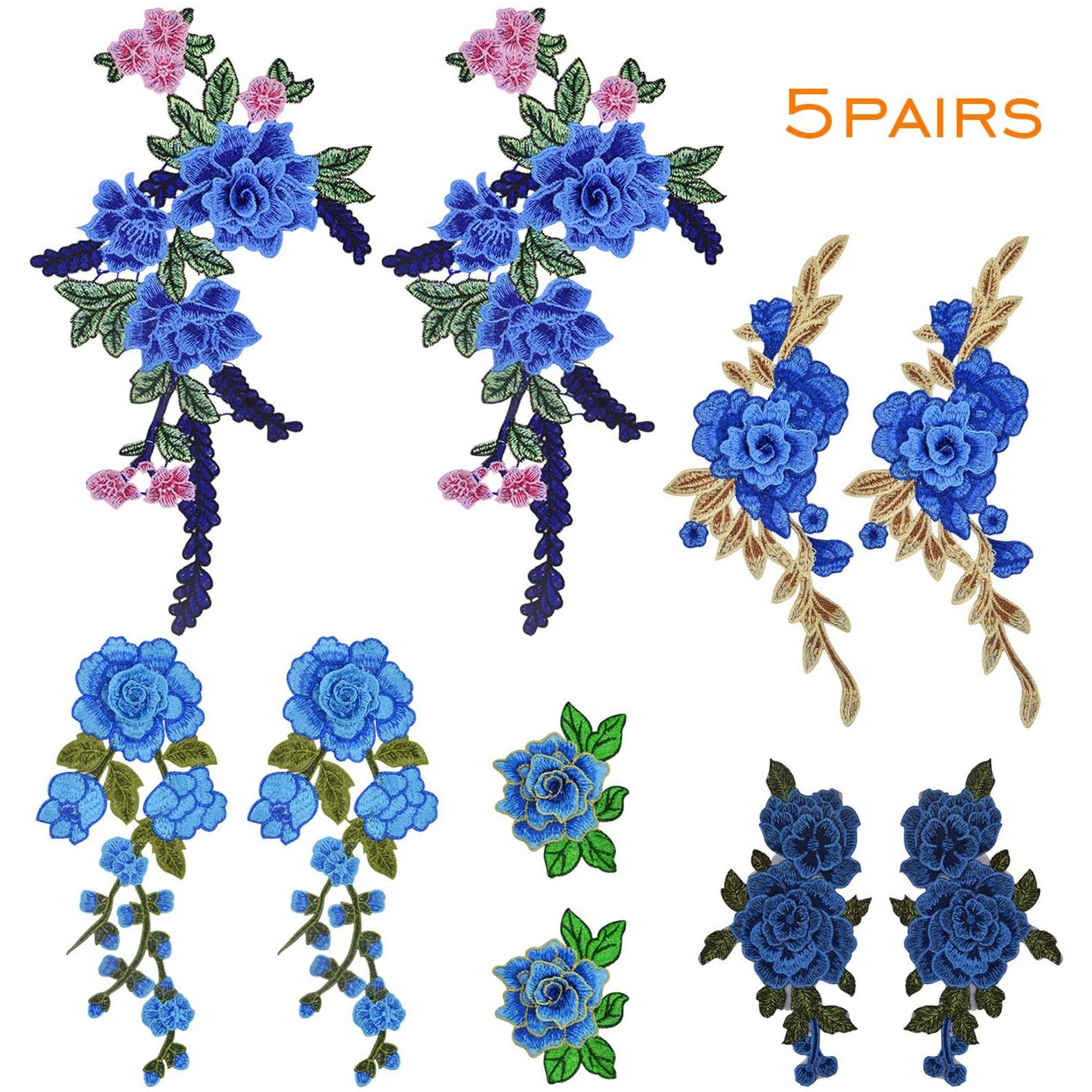 10Pcs(5 Pairs) Blue Embroidered Flower Sew On Patches Floral Flower Embroidery Appliques Decorative Patches For Diy Jeans Hat Bag Clothes Sewing Art Crafts  5 Styles
