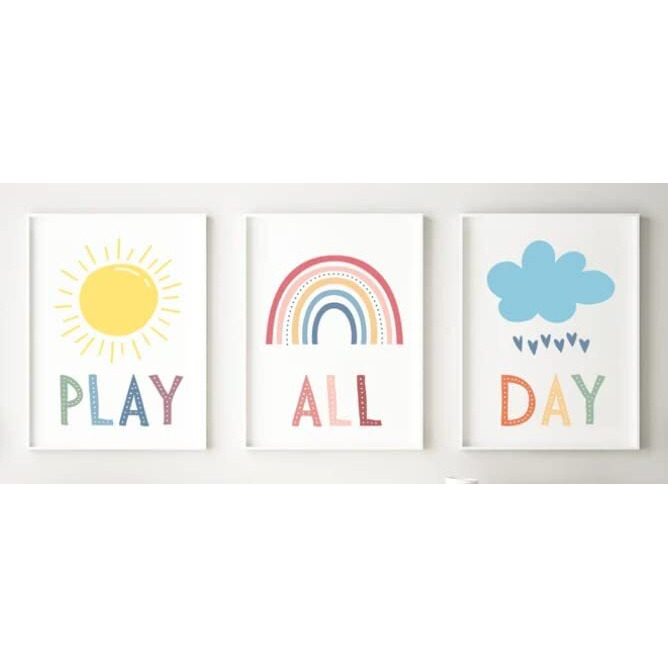 Kids Wall Art  Playroom Wall Poster  Rainbow And Sunshine Retro Wall Art  Play All Day (Set Of 3) - Unframed - Nursery  Kids Room  Classroom  Playroom Decor - 11X14 Poster Print - Unframed