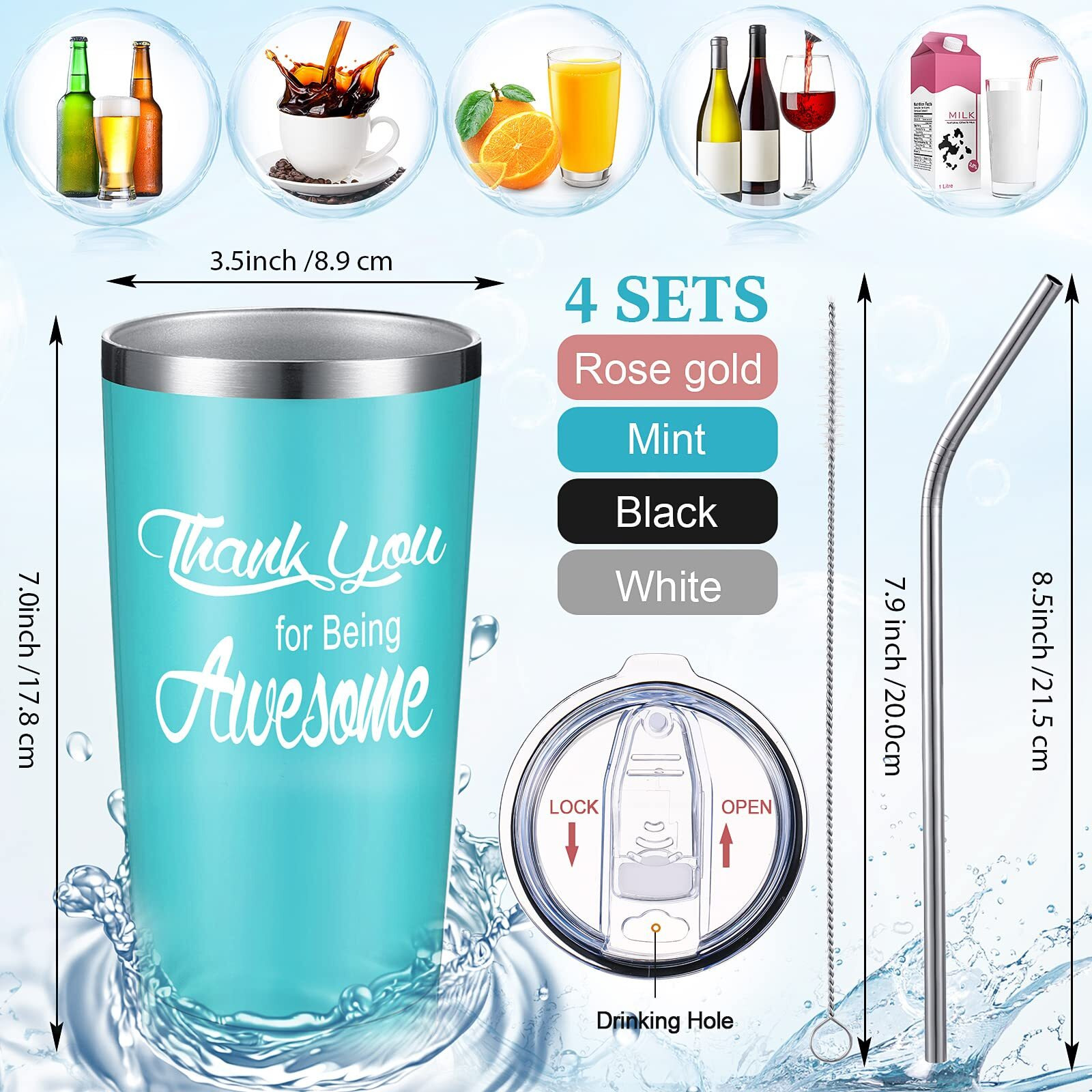 Suclain Employee Appreciation Gift Bulk Thank You For Being Awesome Tumbler With Lid Straw 20 Oz Thank You Gift For Women Teacher Coworkers(Light Blue  Rose Gold  Black  White 4 Sets)