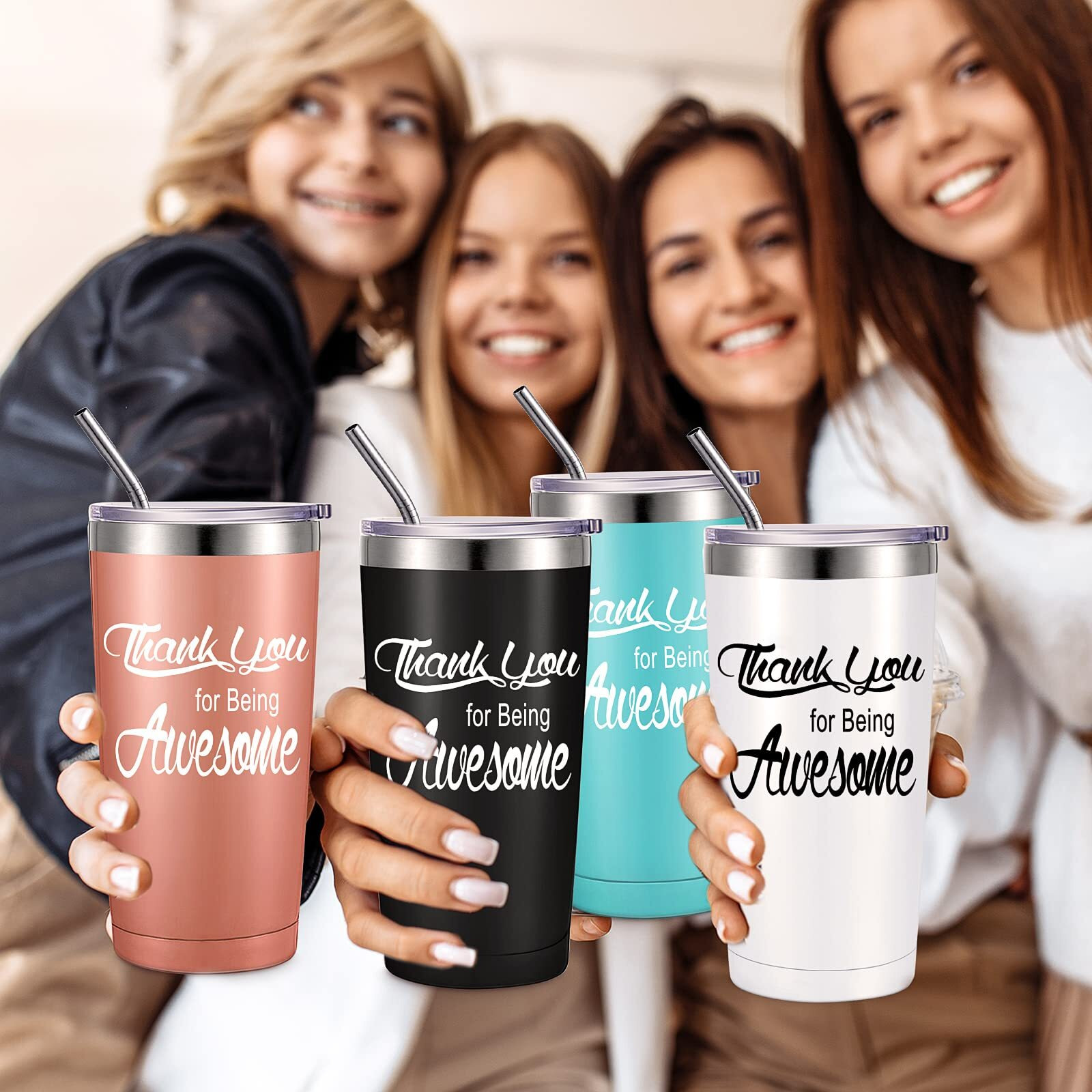 Suclain Employee Appreciation Gift Bulk Thank You For Being Awesome Tumbler With Lid Straw 20 Oz Thank You Gift For Women Teacher Coworkers(Light Blue  Rose Gold  Black  White 4 Sets)