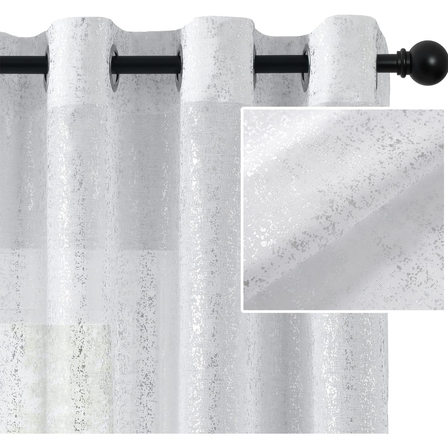 Terlytex Silver White Sheer Curtains 96 Inch Length  Metallic Silver Foil Spots Printed Sparkle Sheer Curtains For Living Room  Privacy Grommet Shimmer Curtains 2 Panels  52 X 96 Inch  Silver White