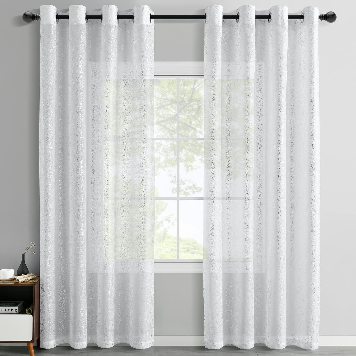 Terlytex Silver White Sheer Curtains 96 Inch Length  Metallic Silver Foil Spots Printed Sparkle Sheer Curtains For Living Room  Privacy Grommet Shimmer Curtains 2 Panels  52 X 96 Inch  Silver White