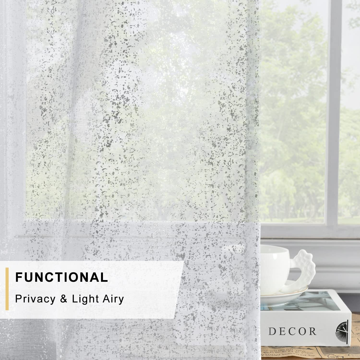 Terlytex Silver White Sheer Curtains 96 Inch Length  Metallic Silver Foil Spots Printed Sparkle Sheer Curtains For Living Room  Privacy Grommet Shimmer Curtains 2 Panels  52 X 96 Inch  Silver White