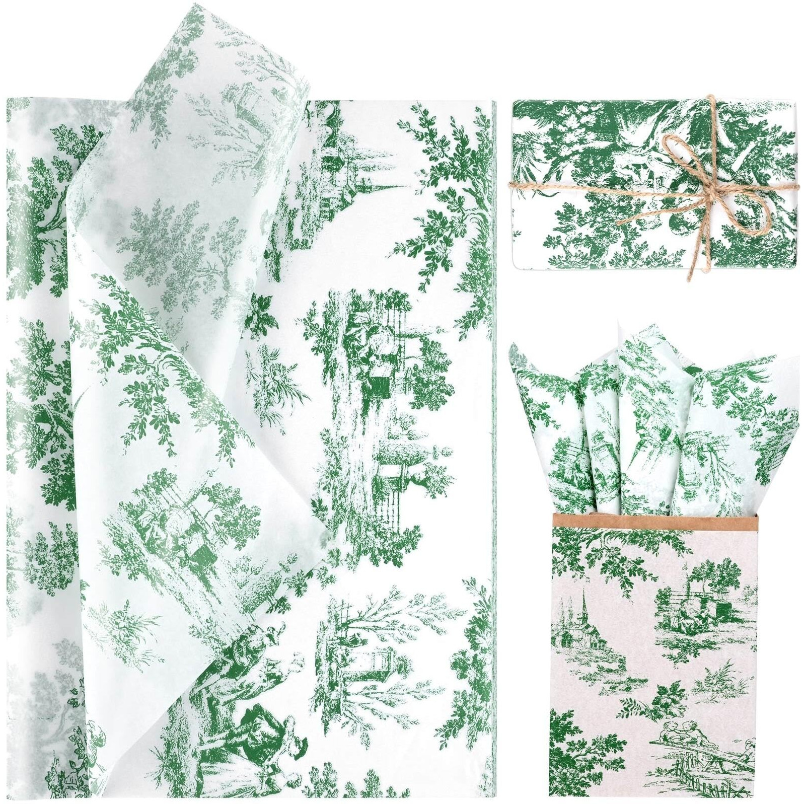 80 Sheets 20 * 14 Inches Vintage Print Tissue Paper For Gift Wrapping  Blue French Toile Gift Wrap Tissue Paper  Retro Decorative Tissue Paper For Wedding Birthday Bridal Shower Diy Craft (Green)