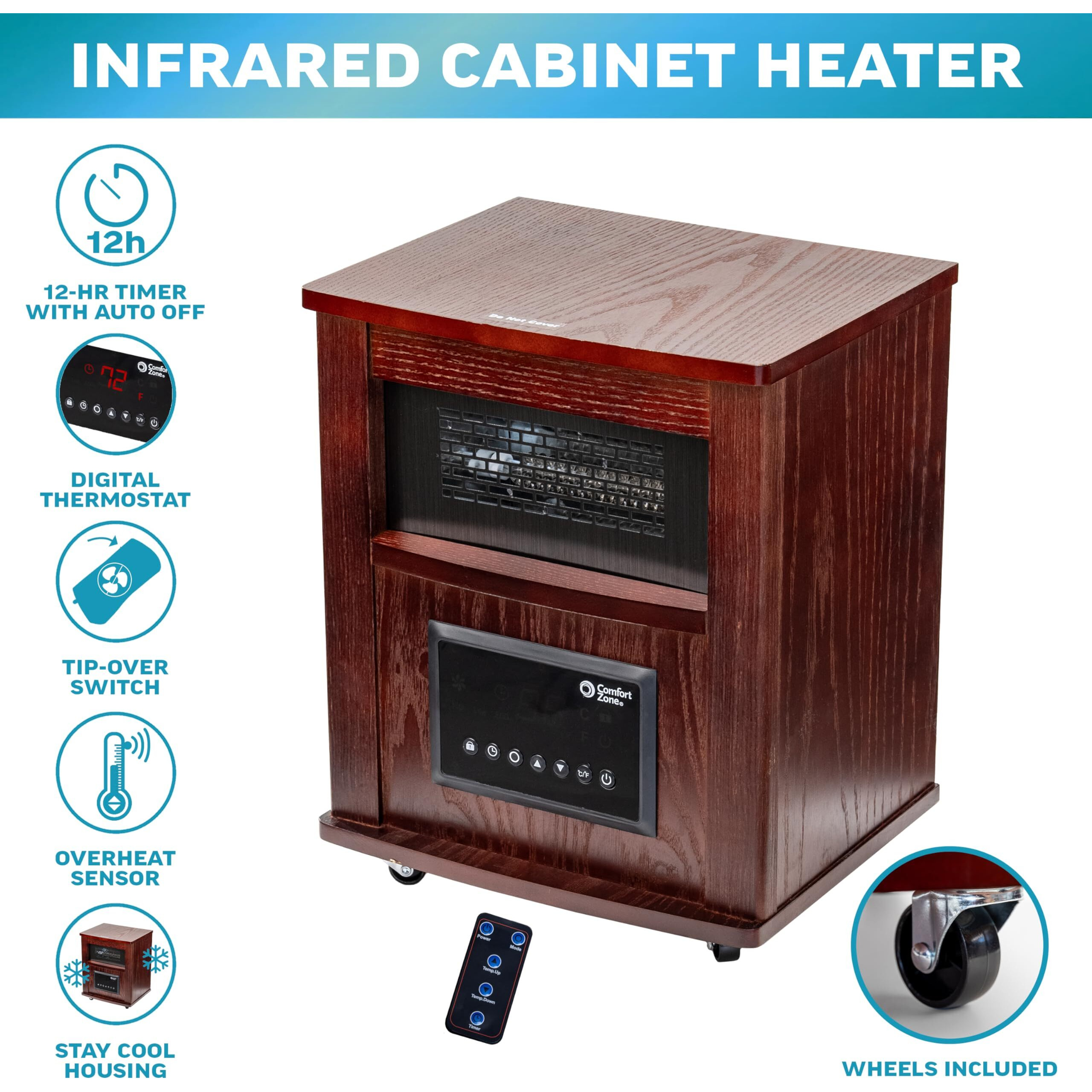 Comfort Zone Wood Cabinet Space Heater With Remote  16 Inch  Adjustable Thermostat  Digital Display  Overheat Protection  Electric  Infrared Quartz  Ideal For Home  Bedroom  & Office  1 500W  Cz2032C