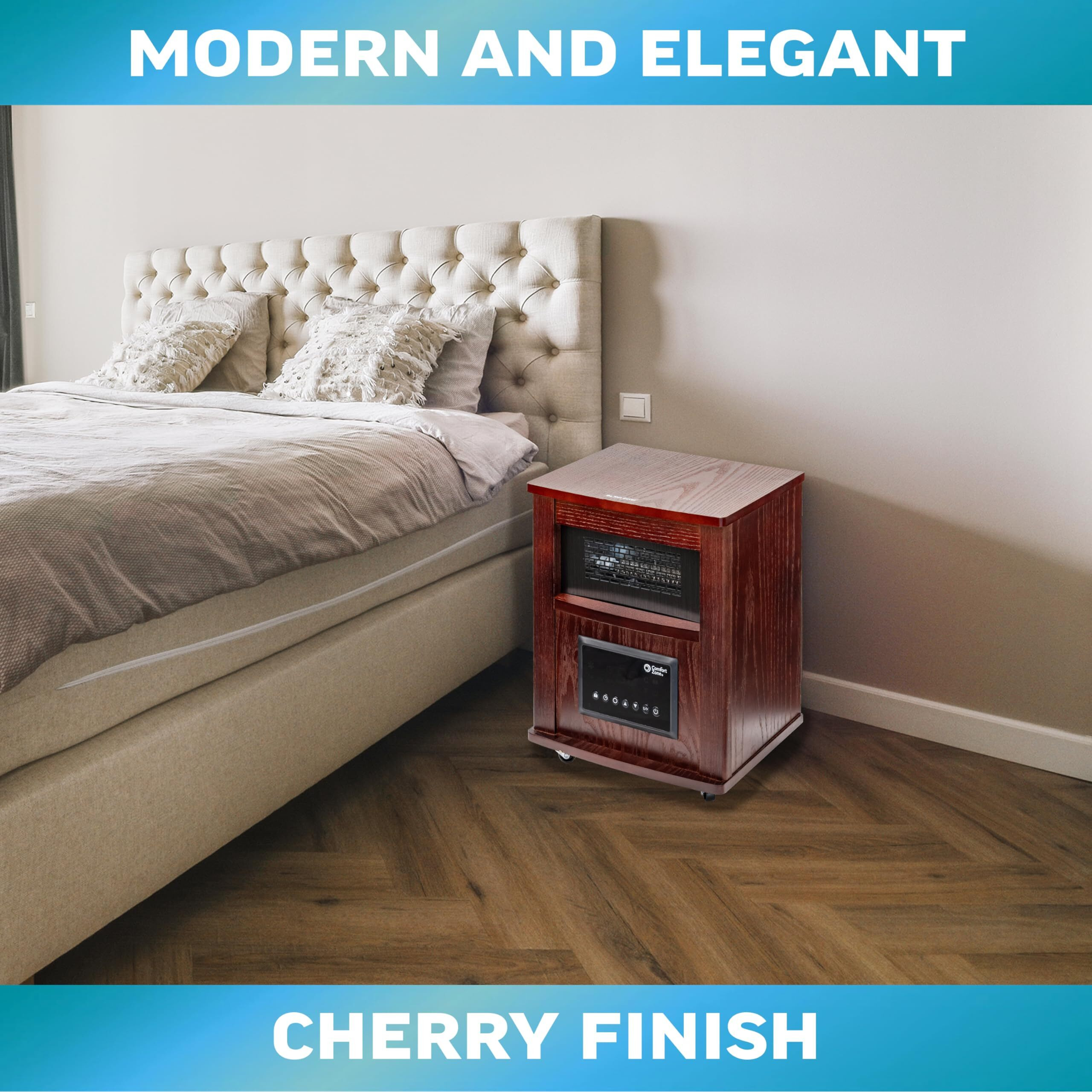Comfort Zone Wood Cabinet Space Heater With Remote  16 Inch  Adjustable Thermostat  Digital Display  Overheat Protection  Electric  Infrared Quartz  Ideal For Home  Bedroom  & Office  1 500W  Cz2032C