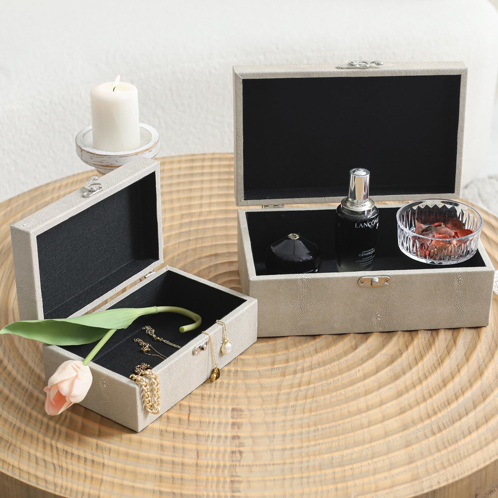 Decor4Season Faux Shagreen Leather Decorative Storage Boxes Set Of 2  Ivory