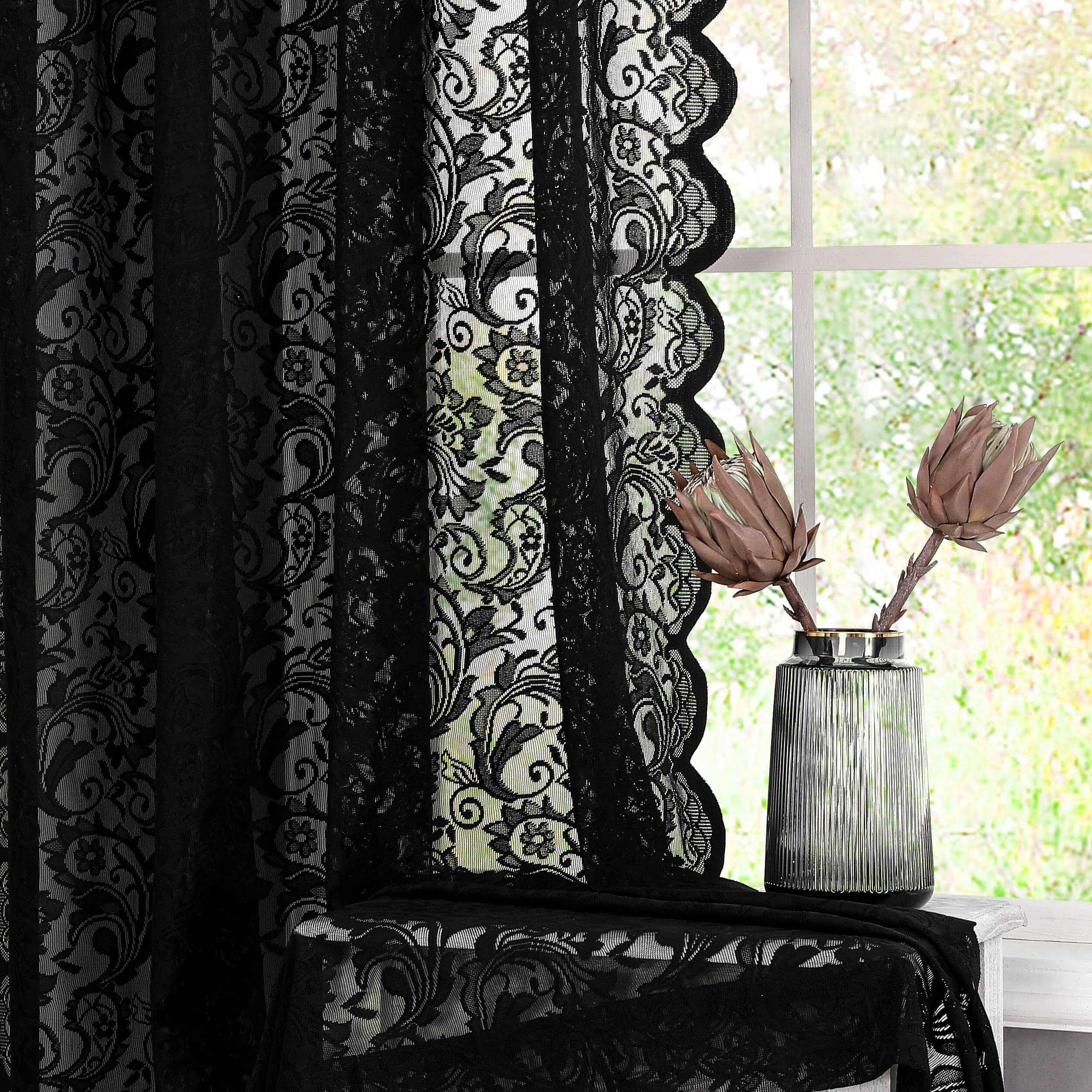 Bujasso Black Sheer Lace Curtains 84 Inch Vintage Floral Sheer Gothic Curtain Panels For Living Room Bedroom Luxury Light Filtering Drapes Black Window Treatment Sets Rod Pocket 2 Panels 54"" Wx84 L