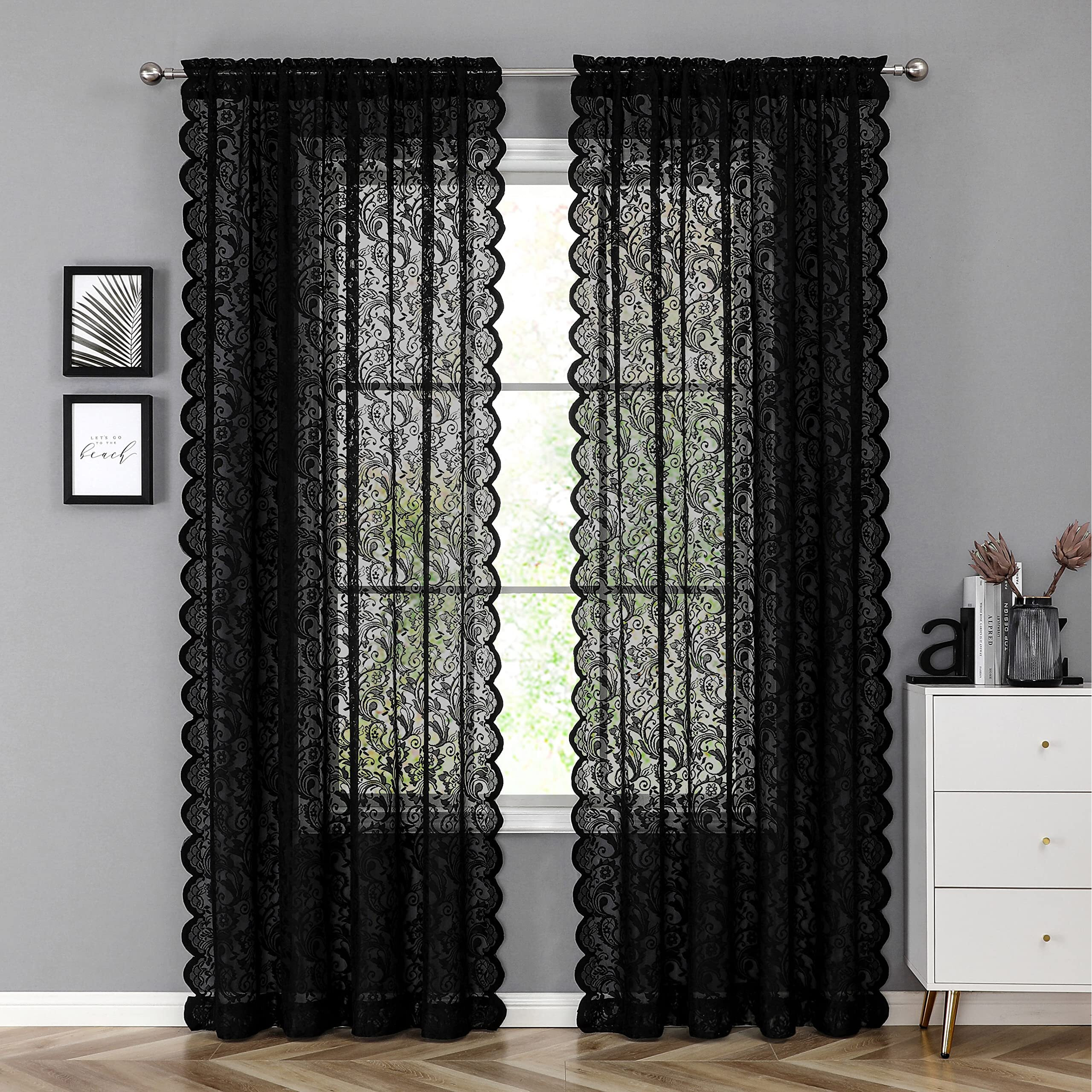 Bujasso Black Sheer Lace Curtains 84 Inch Vintage Floral Sheer Gothic Curtain Panels For Living Room Bedroom Luxury Light Filtering Drapes Black Window Treatment Sets Rod Pocket 2 Panels 54"" Wx84 L