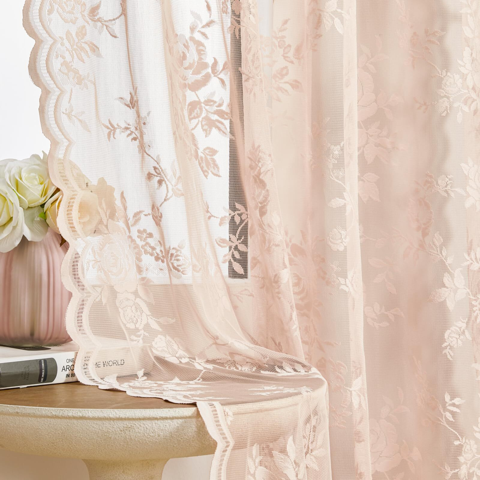 Seekright Blush Pink Lace Curtains 63 Inch Length 2 Panels Set Victorian Floral Sheer Curtains For Living Room Bedroom Girls Room Rod Pocket Light Filtering Romantic French Drapes Window Decor  52X63