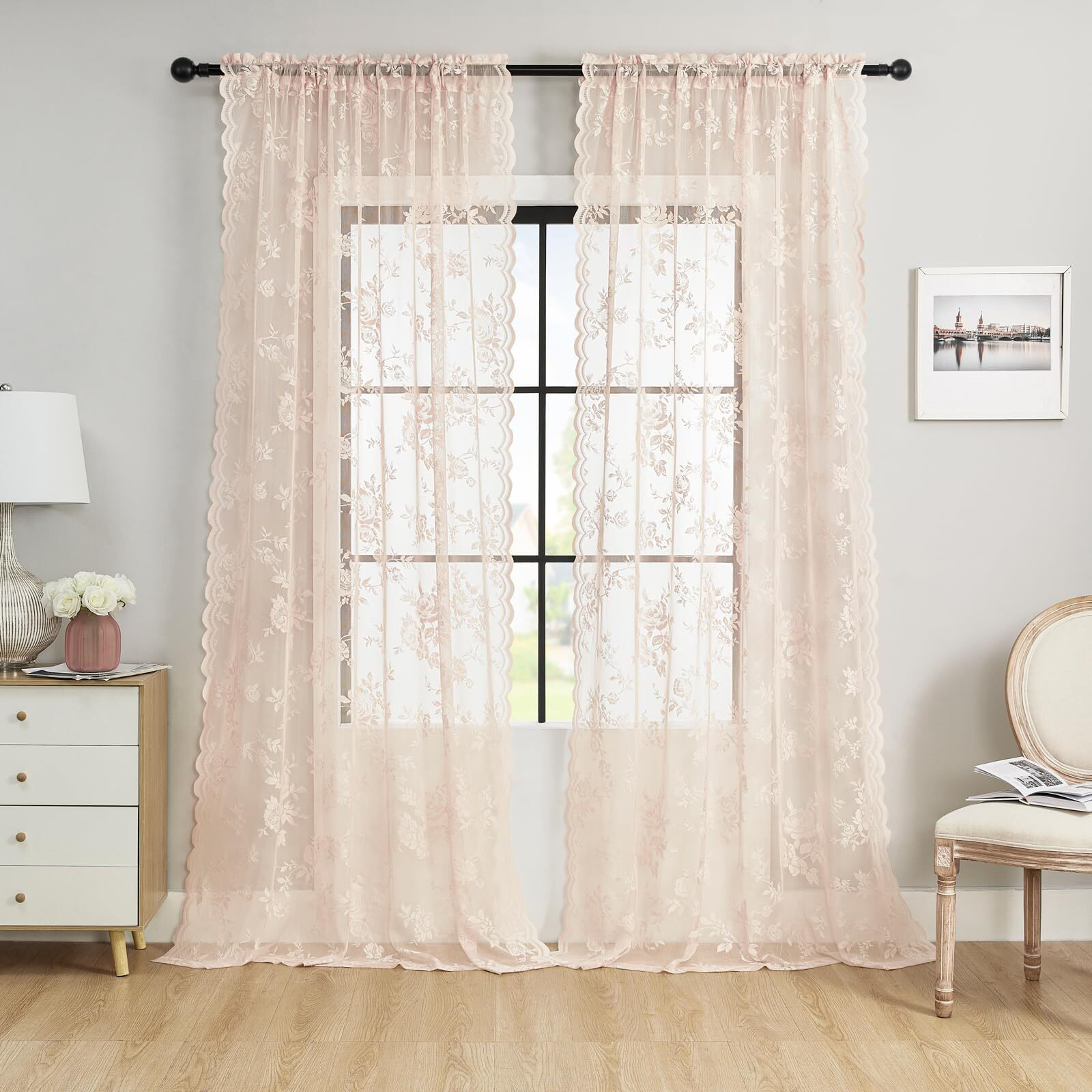 Seekright Blush Pink Lace Curtains 63 Inch Length 2 Panels Set Victorian Floral Sheer Curtains For Living Room Bedroom Girls Room Rod Pocket Light Filtering Romantic French Drapes Window Decor  52X63