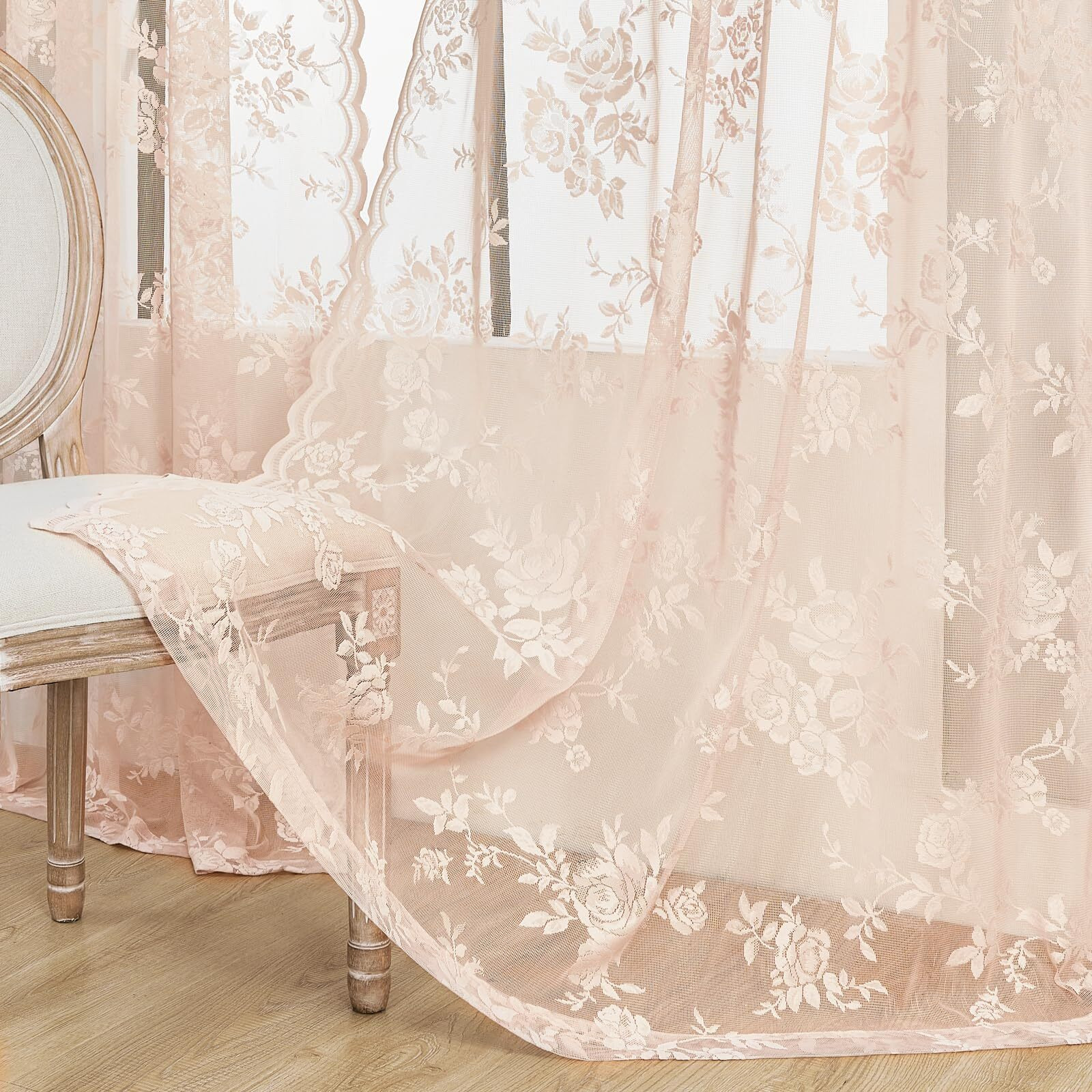 Seekright Blush Pink Lace Curtains 63 Inch Length 2 Panels Set Victorian Floral Sheer Curtains For Living Room Bedroom Girls Room Rod Pocket Light Filtering Romantic French Drapes Window Decor  52X63