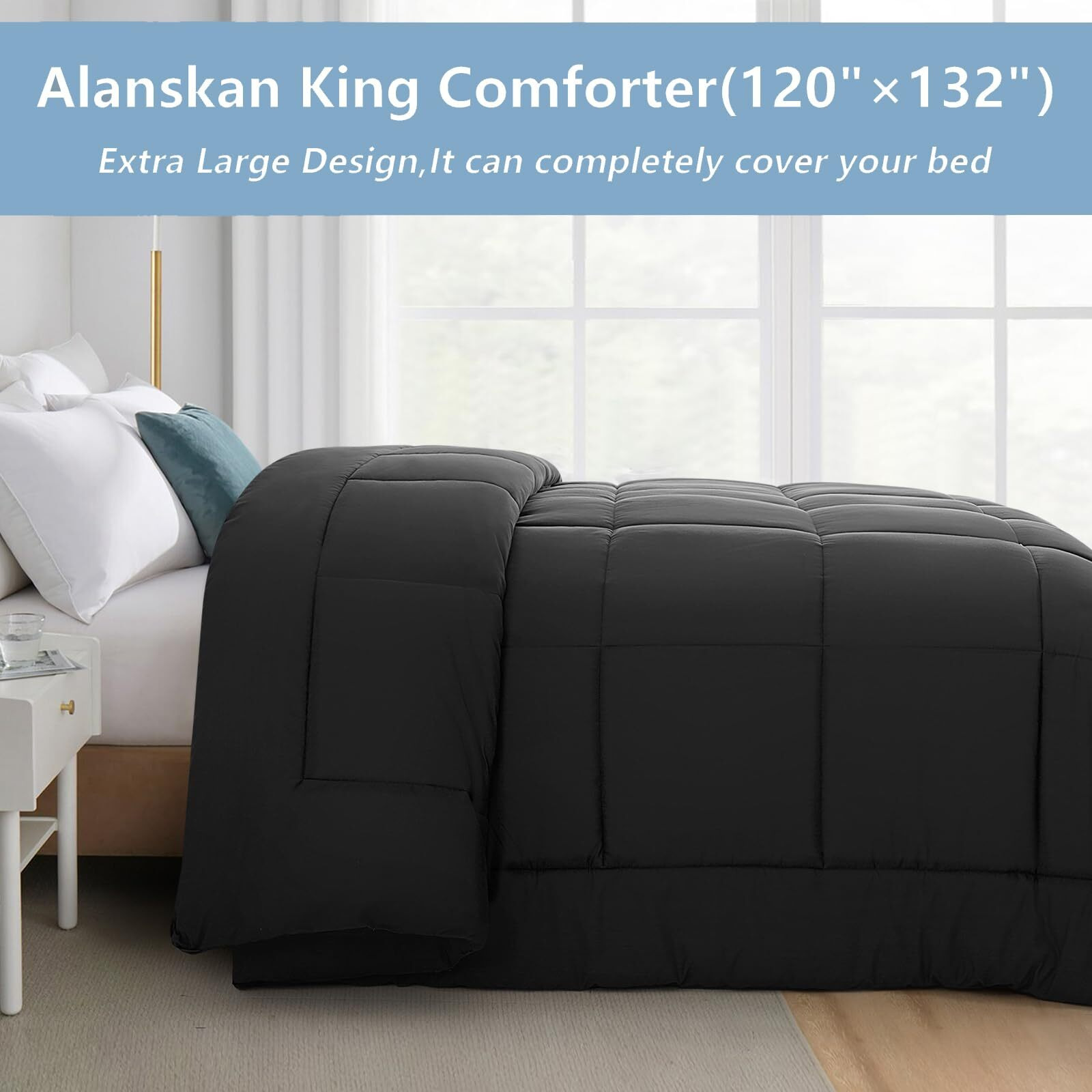 Keltaro Alaskan King Comforter 132''X120''- Extra Large Oversized King Cooling All Seasons Down Alternative Lightweight Quilted Duvet Insert With Corner Tabs - Dark Grey