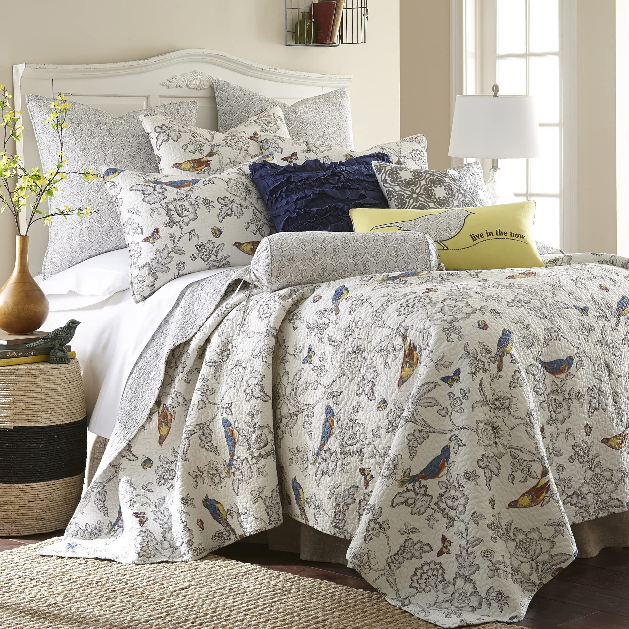 Levtex Home - Mockingbird Quilt Set - King/Cal King Quilt 106X92In. + Two King Pillow Shams 36X20In. - Grey Toile With Birds And Butterflies - Reversible Pattern - Cotton