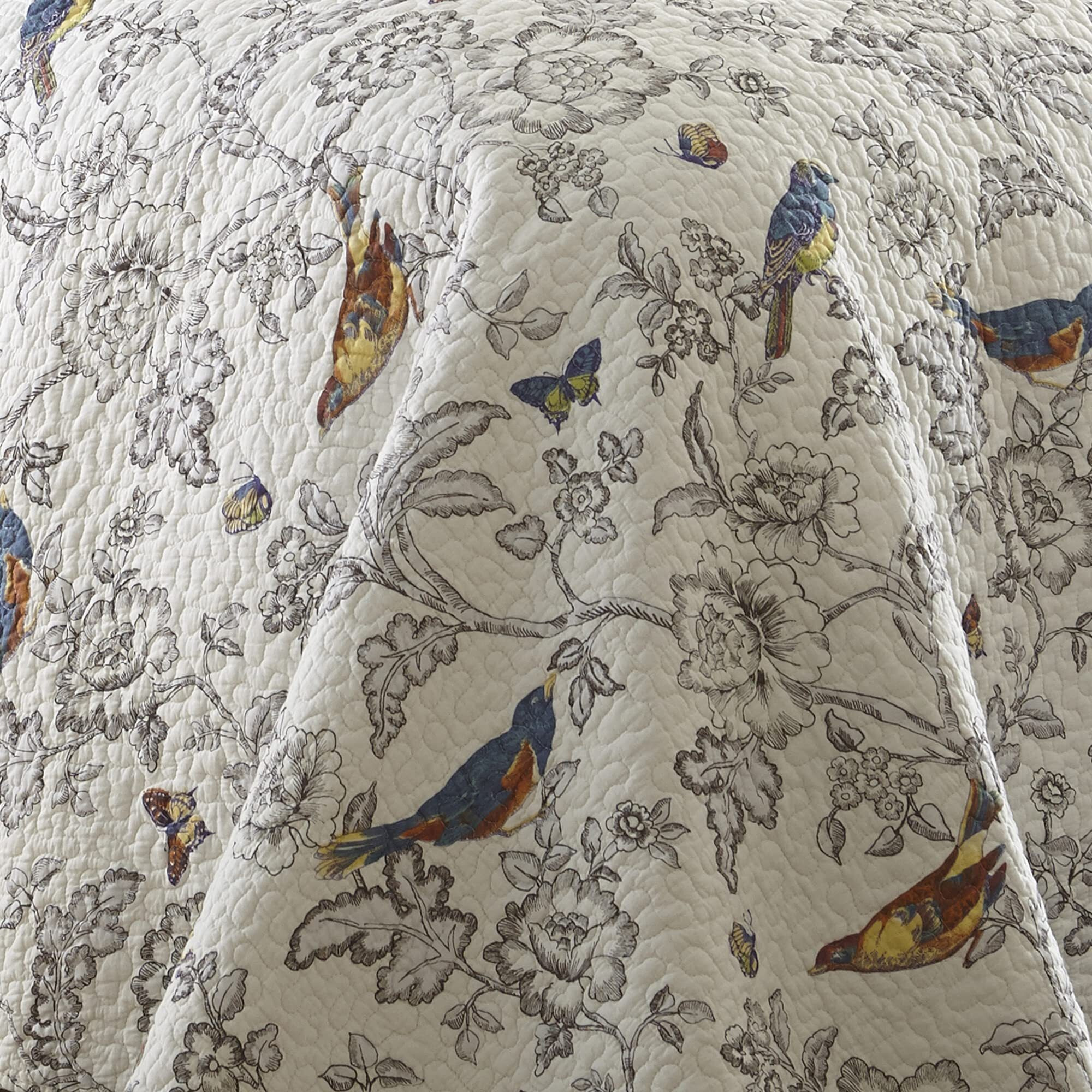 Levtex Home - Mockingbird Quilt Set - King/Cal King Quilt 106X92In. + Two King Pillow Shams 36X20In. - Grey Toile With Birds And Butterflies - Reversible Pattern - Cotton