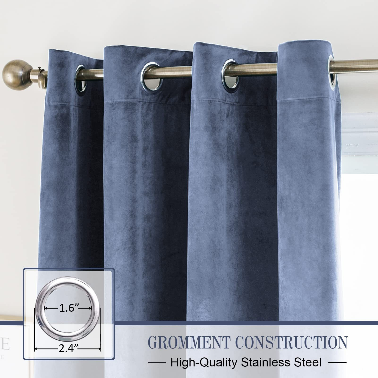Pleasant Boulevard Velvet Curtains [2 Panels] Heavy Blackout Window Drapes With Grommet  Thermal Insulated Darkening Curtains For Living Room  Bedroom  & Home Decor (52"" W X 95"" L  Stone Blue)