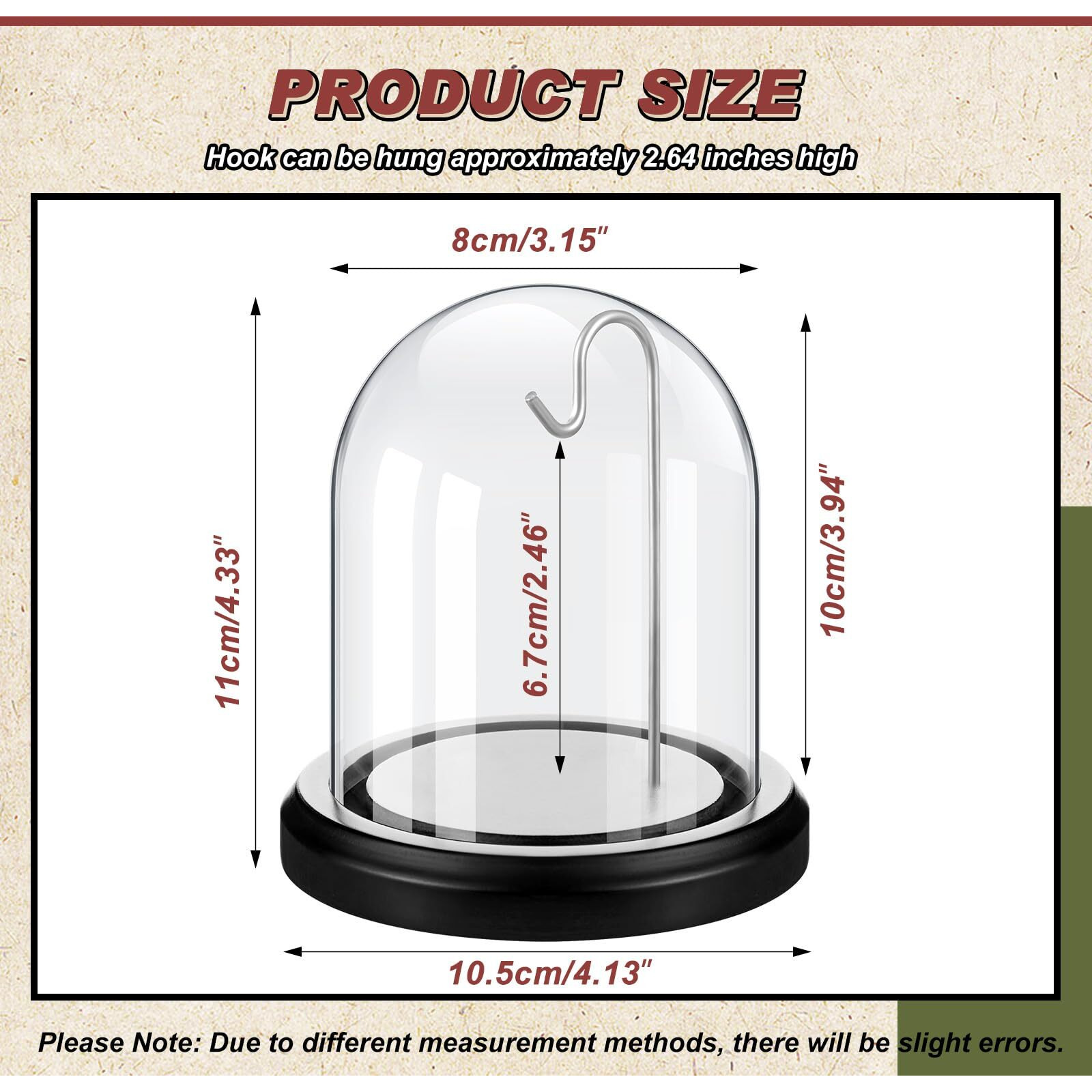 Beeveer 2 Pcs Watch Ornament Glass Display With Hooks Dome Cloche With Wood Base Decorative Glass Display Dome Showcase For Watch Plants Medals Photos Collectibles Dark Mdf Base (Silver Hook 3"" X 4"")