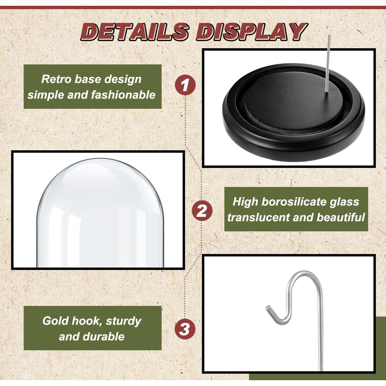 Beeveer 2 Pcs Watch Ornament Glass Display With Hooks Dome Cloche With Wood Base Decorative Glass Display Dome Showcase For Watch Plants Medals Photos Collectibles Dark Mdf Base (Silver Hook 3"" X 4"")