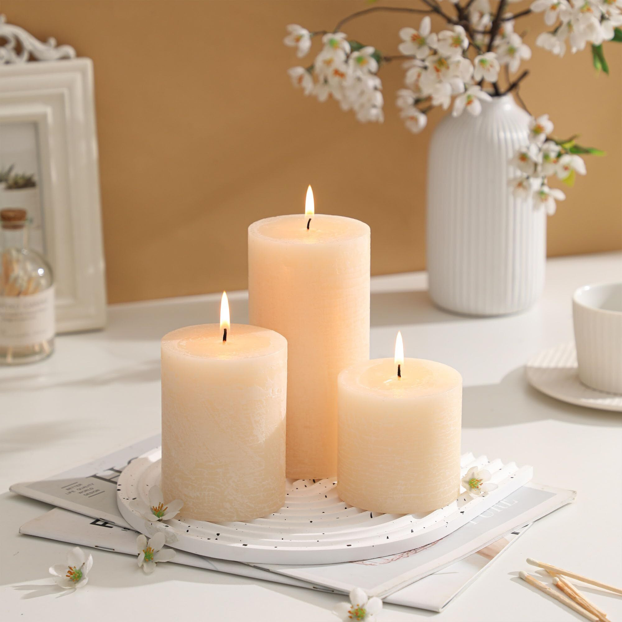 3X3 Inch Ivory Pillar Candles Set Of 3 - Hand-Poured Unscented Candles  Long Clean Burning  Large Big Candles  Smokeless Dripless Candles For Dinner Table  Wedding  Home  Bathroom  Rustic Decor